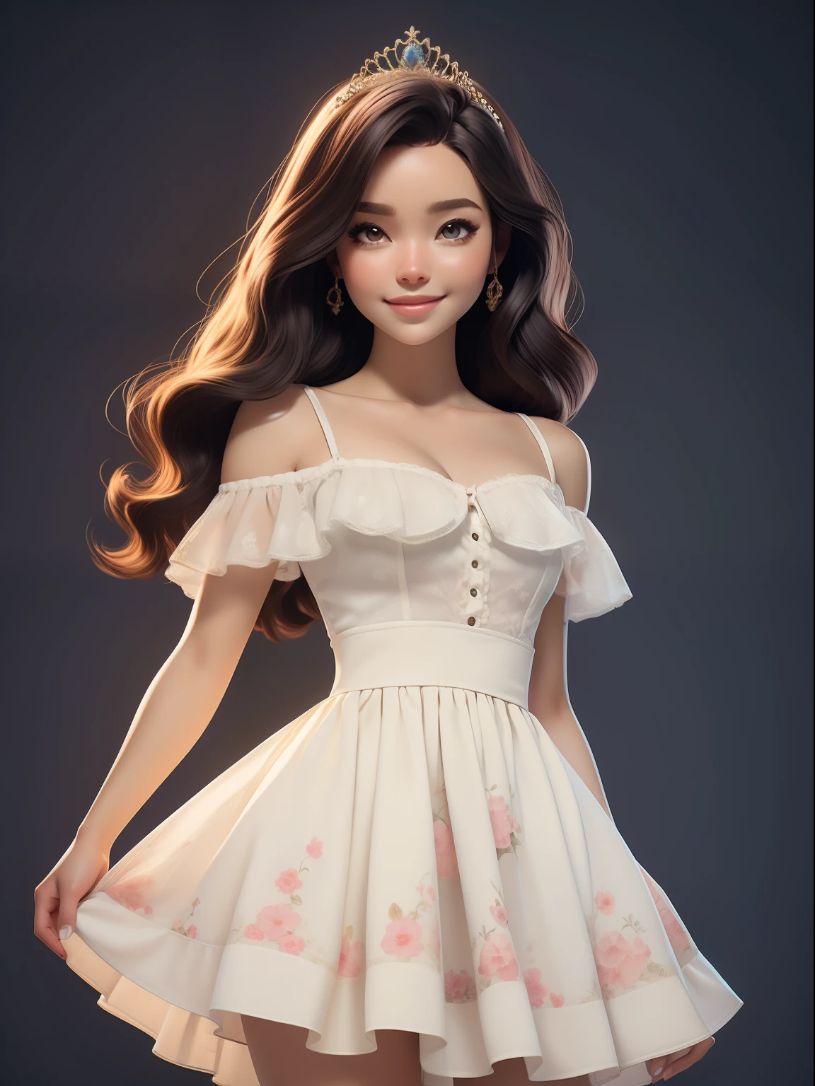 dynamic lighting, Uma princesa Barbie usando um lindo vestido rosa, usando uma bela coroa, dynamic lighting, Uma princesa Barbie, fundo cor-de-rosa, rosto delicado, pele preta, (Pescador:1.3), (pale skin:1.1), (sorriso suave:1.1), rosto detalhado, textura detalhada da pele, raio de sol, Por Ilya Kuvshinov, Nina Masic, natural lighting, Subsurface scattering, ornado, cabelo rosa, ((cowboy shot)), atmosphric perspective, retina, pele texturizada, anatomicamente correto, best quality, Concedido