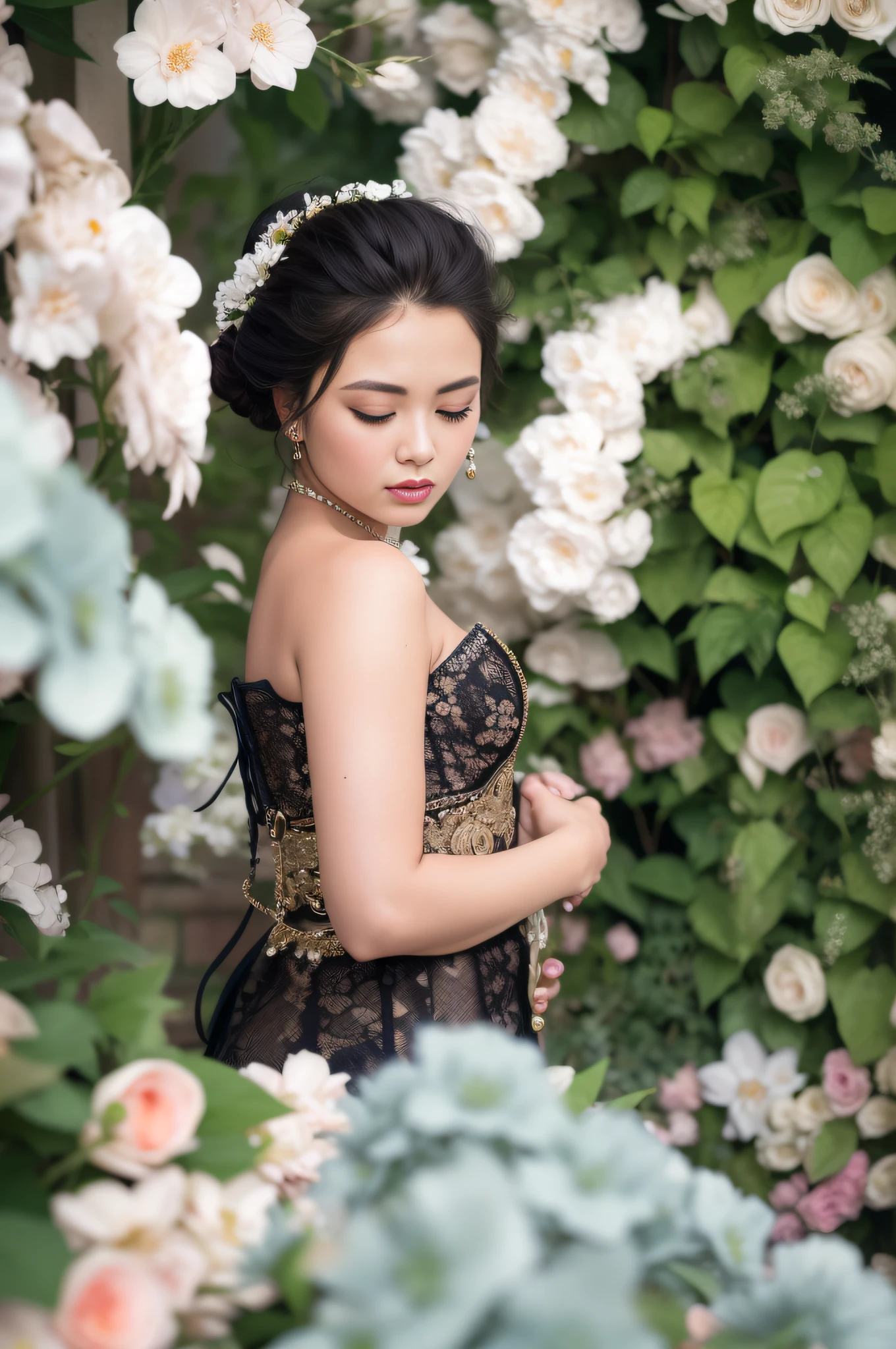 there is a woman in a dress standing in a garden of flowers, traditional beauty, portrait shot, fashion photograhy, wearing an ornate outfit, profesional photography, elegant girl, inspired by reyna rochin, elegant woman, woman in flowers, photo taken with nikon d 7 5 0, photo taken with nikon d750, by Basuki Abdullah