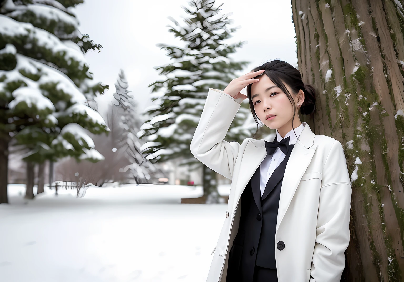An Arad woman in a white jacket and black bow tie stands in front of a tree, In the snow, in snow, only snow i the background, nevando, blanketed in a mantle of snow, In a snowy forest setting, (Snow), Standing in the snow, with a tree in the background, snowing outside, snowy day, Inspired by Itō Shinsui