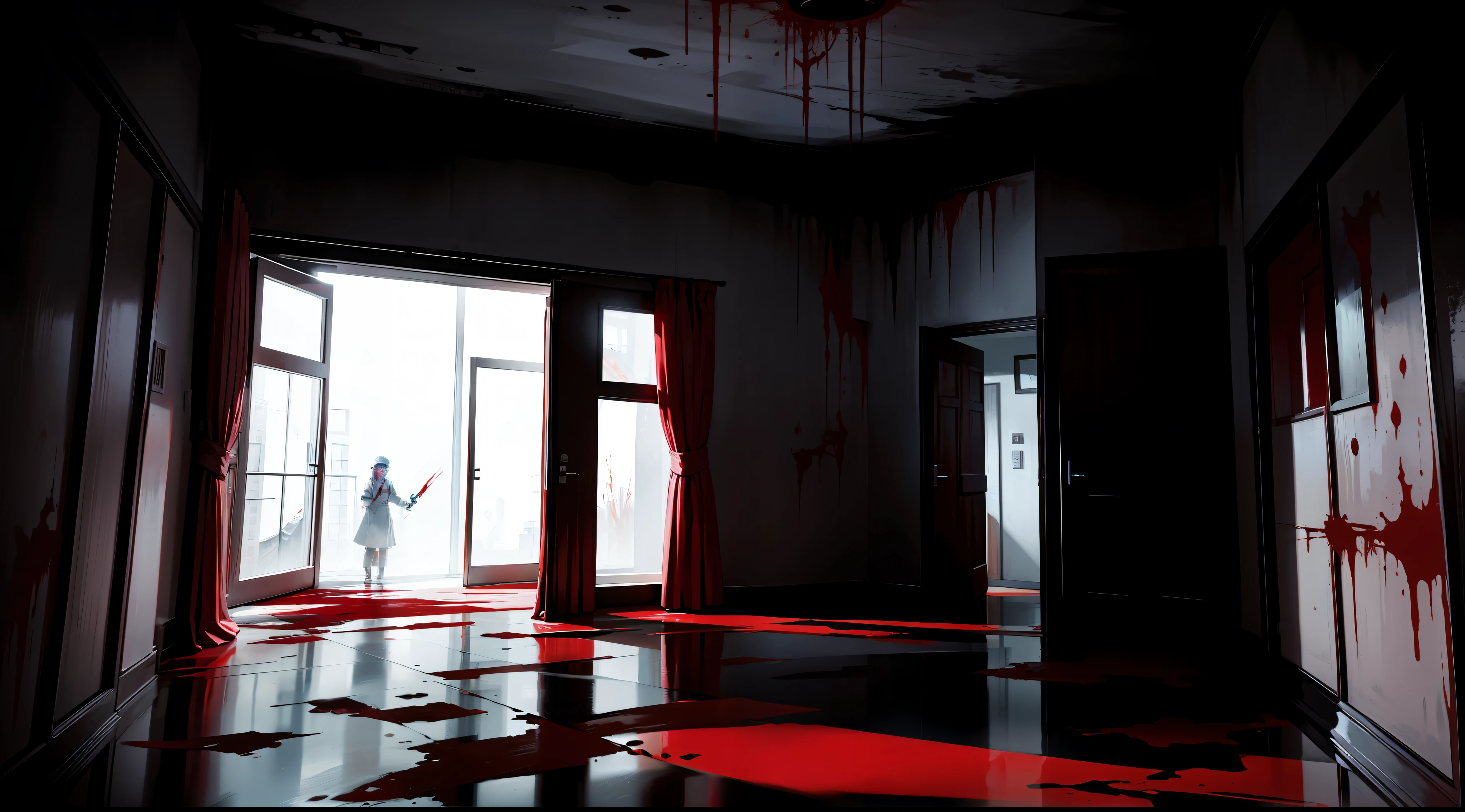 Spooky horror nurse，Carrying a huge chainsaw，The room was covered in blood，Large crimson room，big vista，There is death in the sky