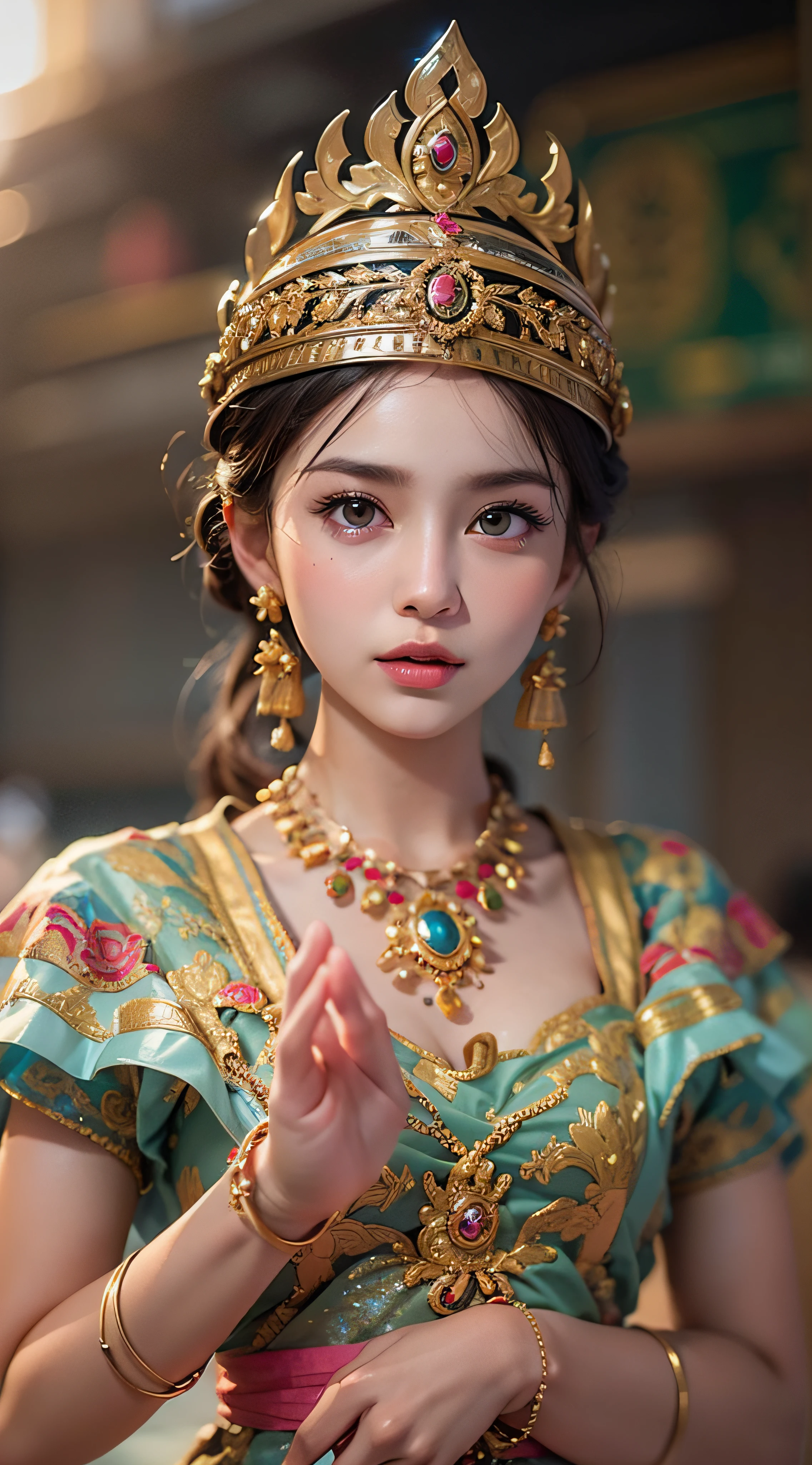 Realistic, authentic, Masterpiece, beautiful and amazing , Burmese traditional costume, beautiful 25 yo girl, detail face,((( hyper realistic skin texture))), hyper realistic eye detail skin , ultrarealistic photo shot, full body shot. Charming dress, beautiful  standing pose.