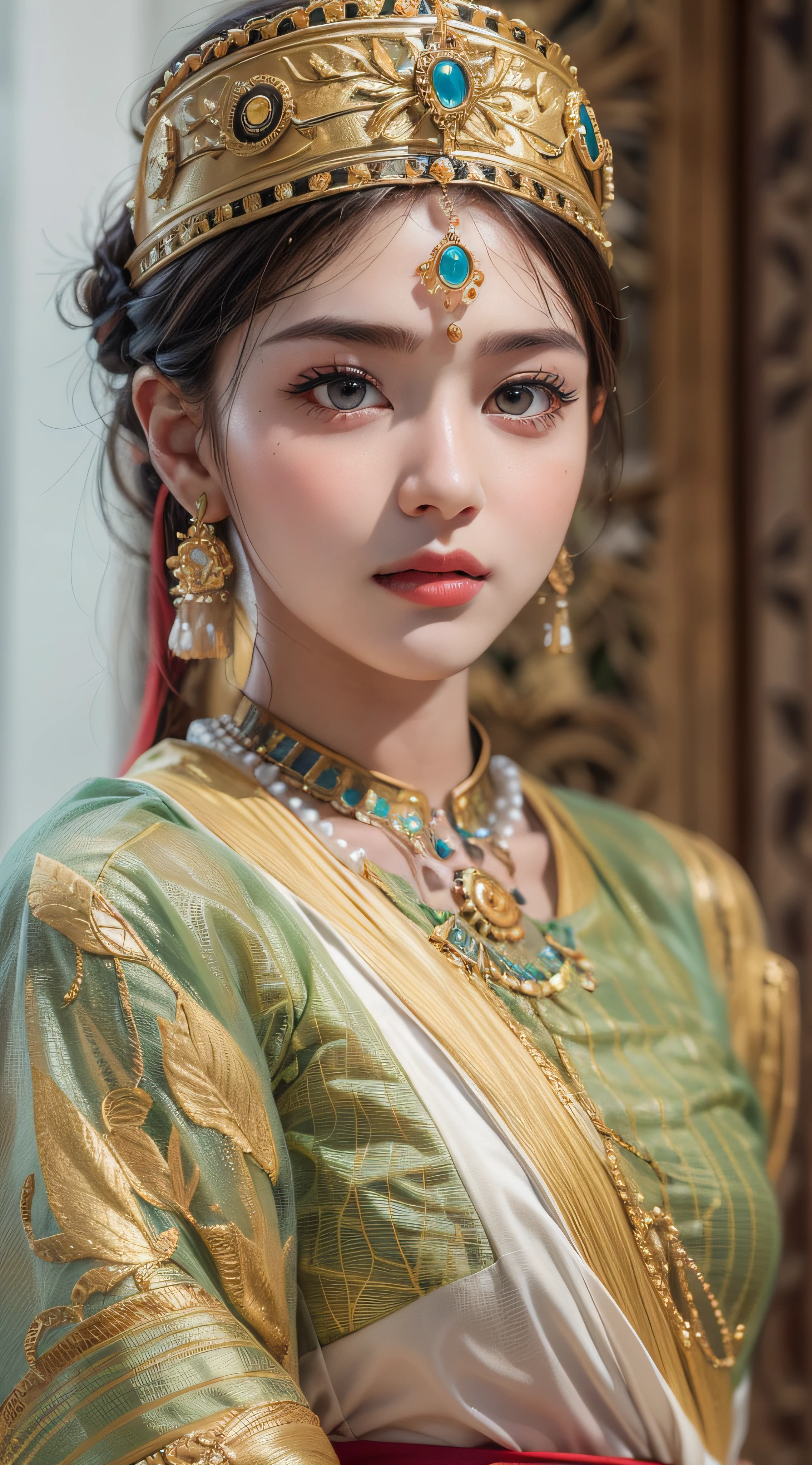 Realistic, authentic, Masterpiece, beautiful and amazing , Burmese traditional costume, beautiful 25 yo girl, detail face,((( hyper realistic skin texture))), hyper realistic eye detail skin , ultrarealistic photo shot, full body shot. Charming dress, beautiful  standing pose.