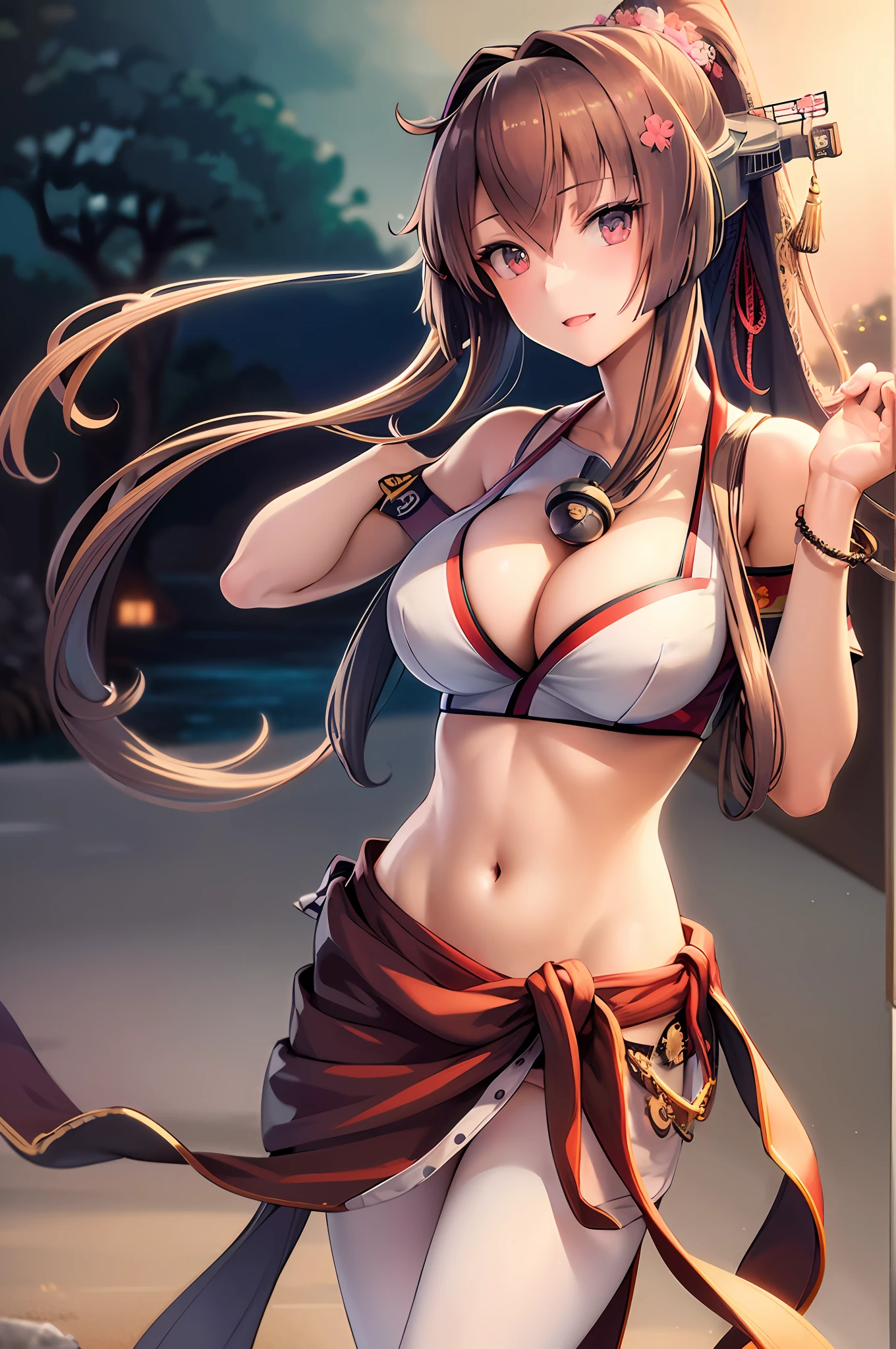best quality,masterpiece, high res,original, beautiful detailed eyes,ultra-detailed, yamato_\(kancolle\), 1girl, (summer2_costume:1.2), swimsuit, bikini, white_bikini, sarong, bracelet, ribbon, hair_ribbon, see-through, navel, collarbone,