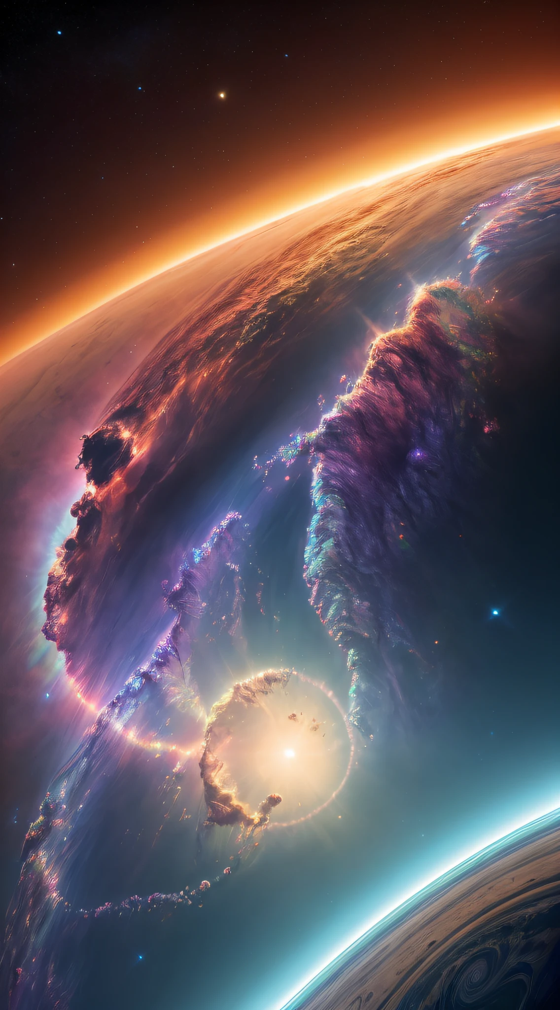 dublex ((((8k)))) HD photo extremely detailed render (((iridescent))) planet, thick hazy orange atmosphere, deep blue ((swirling clouds)), large saturn-like rings, pillars of creation