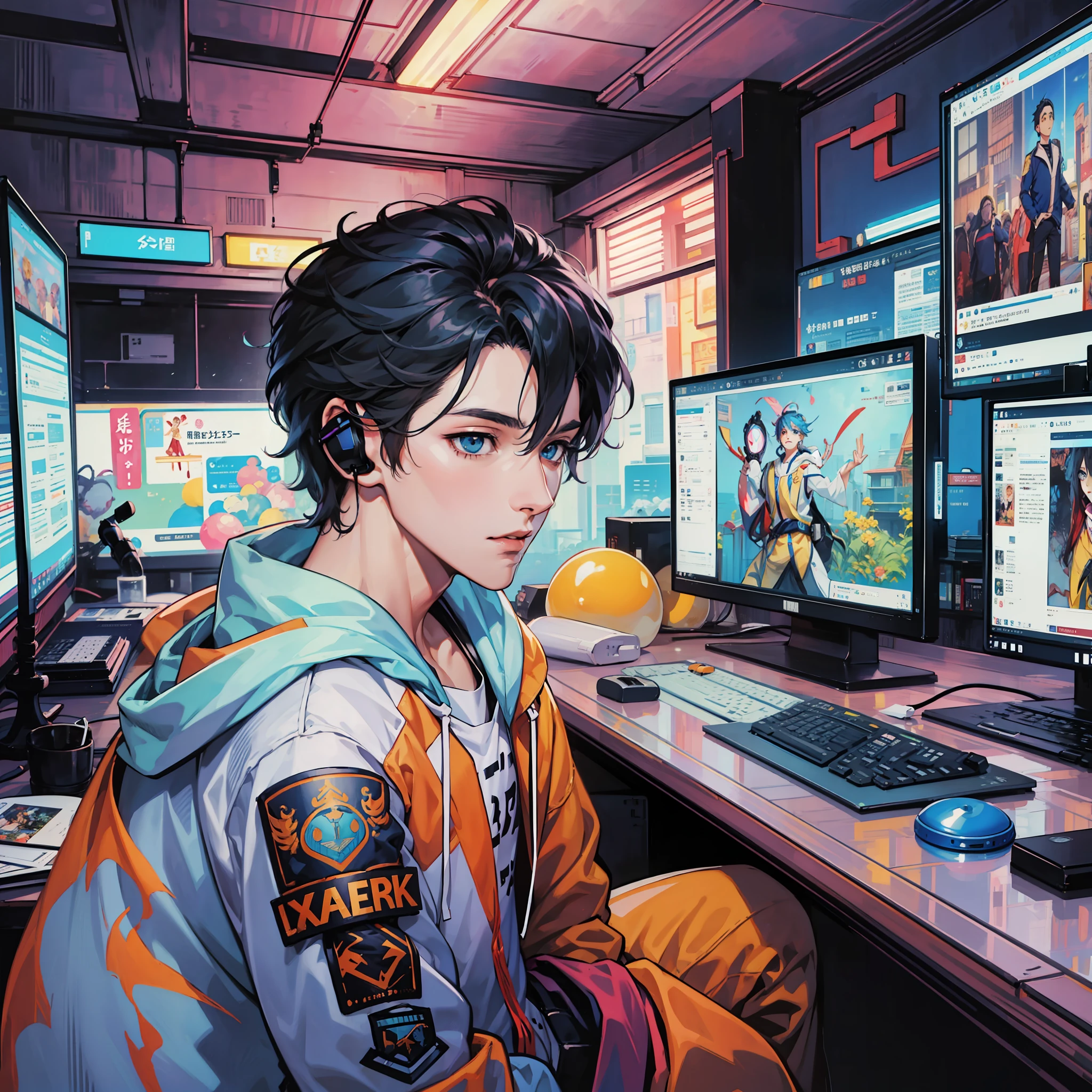 Anime boy calls to talk, ig studios anime style, nightcore, style of anime4 K, High quality anime art style, Anime boy, young anime man, Anime art style, Digital anime illustration, Anime style. 8K, in an anime style, male anime character, Kawasi,best qualtiy:1.0),(超高分辨率:1.0),Anime boys,with short black hair,blue color eyes,sitting in front of the computer,Speak into the microphone,The background is in the esports room,Earphone,The head is close to the microphone,8K,Faraway view