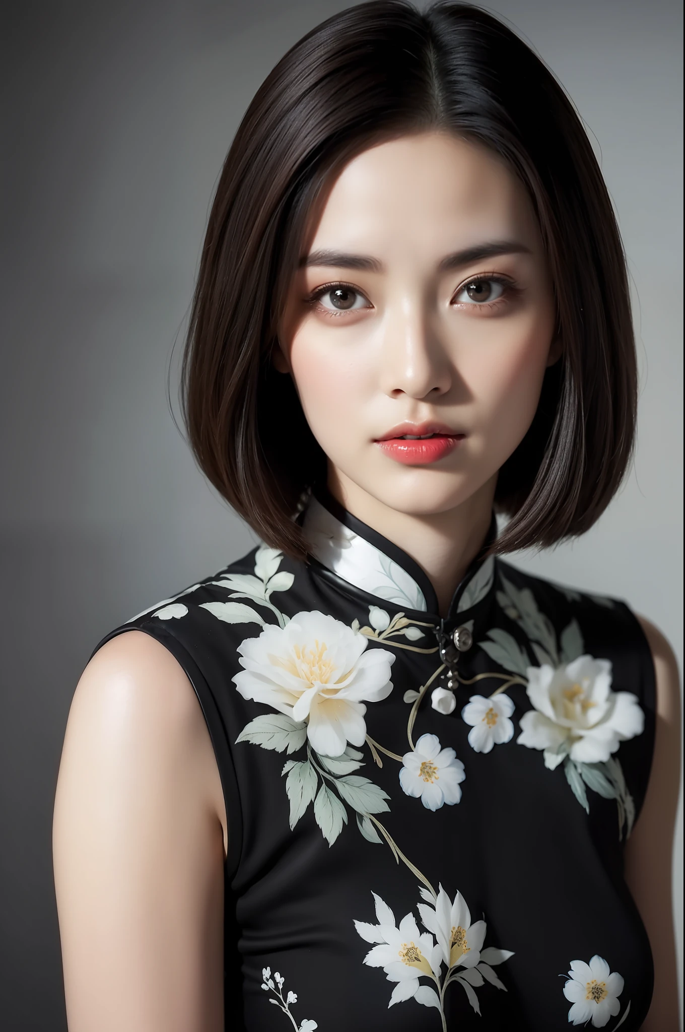(White printed cheongsam),Tight cheongsam,Slim cheongsam,1个Giant Breast Girl,Stunning beauty,(Behind the arm:1.1),(realisticlying:1.7),((best qualtiy)),absurderes,(超高分辨率),(realisticlying:1.6),realisticlying,rendering by octane,(Hyper-realistic:1.2),(photo-realistic face:1.2),(8K),(4K),(tmasterpiece),(realistic skin textures),(illustratio,cinmatic lighting,the wallpaper),(beautidful eyes:1.2),(s the perfect face))),(adolable),(standing on your feet),(brunette color hair),黑The eye,Redlip,(exteriors),