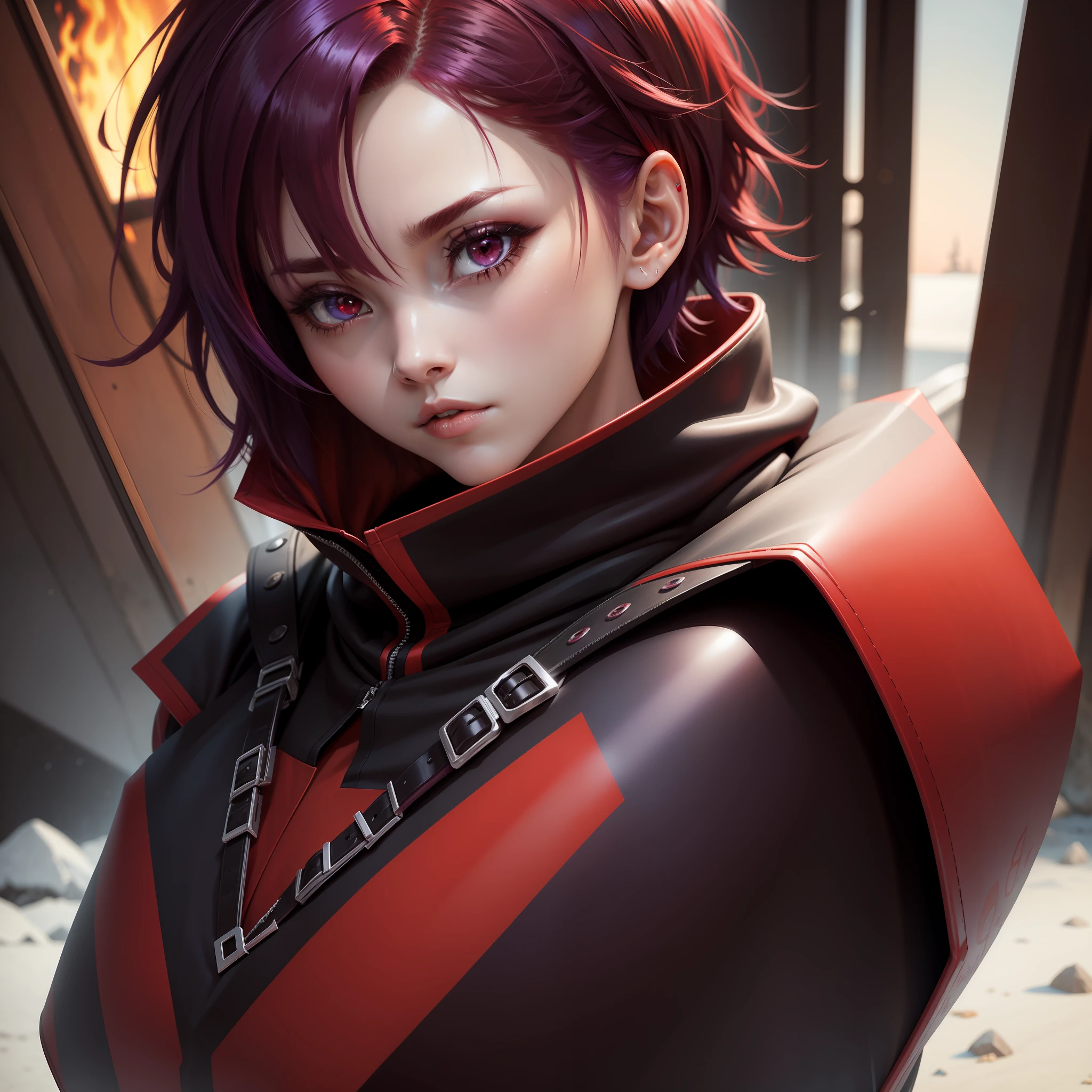 Red-purple hair,Black pupils,short detailed hair,ember,high and cold