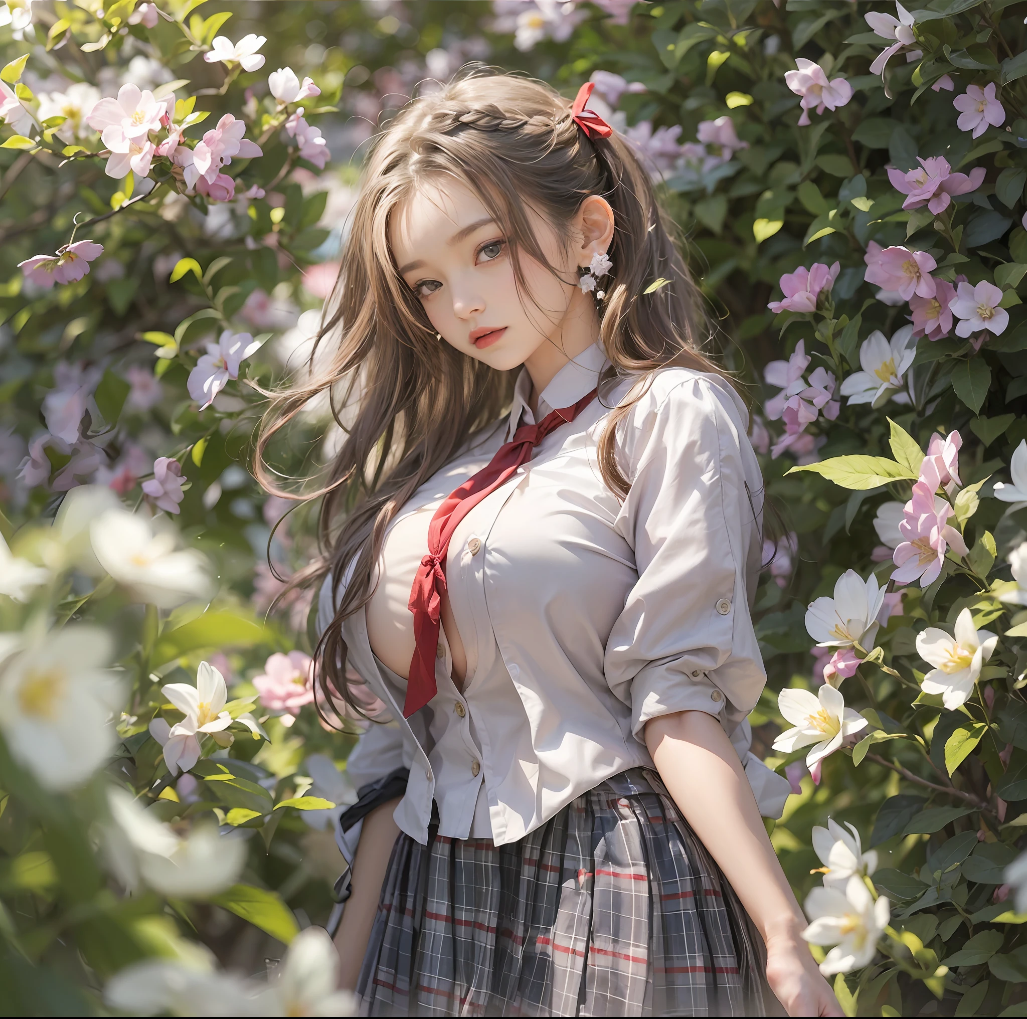 (top-quality、masterpiece)、(Realistic lighting with shadows)、elegent、realisitic、intricate detailes、(Perfect anatomical depiction of the human body)、1 busty girl、( Huge breasts :1.9), She is a girl、small thick lips,
Brunette hair dancing in the wind、 Braided half-up hair shining in the late Hino backlight、High school girl wearing summer clothes、Clothes should be neat and clean blouses.、The color is white。、Wearing a crimson ribbon tie。Blouse too tight for her huge、Backed by all powerful buttons。、Skirt pleated mini with tartan check, ((The girl's breasts are not exposed at all)), Very beautifully、Looks like a school goddess, 。This is a photo taken from the front in a flowering garden