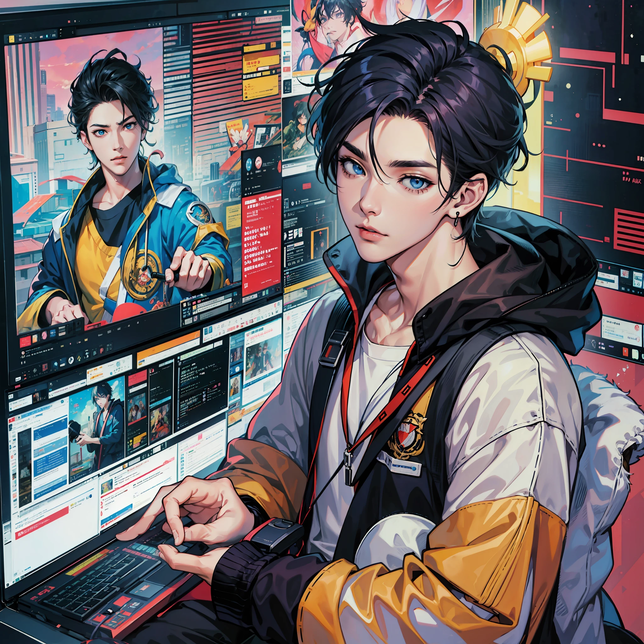 Anime boy calls to talk, ig studios anime style, nightcore, style of anime4 K, High quality anime art style, Anime boy, young anime man, Anime art style, Digital anime illustration, Anime style. 8K, in an anime style, male anime character, Kawasi，best qualtiy：1.0），（超高分辨率：1.0），Anime boys，with short black hair，blue color eyes，sitting in front of the computer，Speak into the microphone，The background is in the esports room，Earphone，The head is close to the microphone,8K，Faraway view