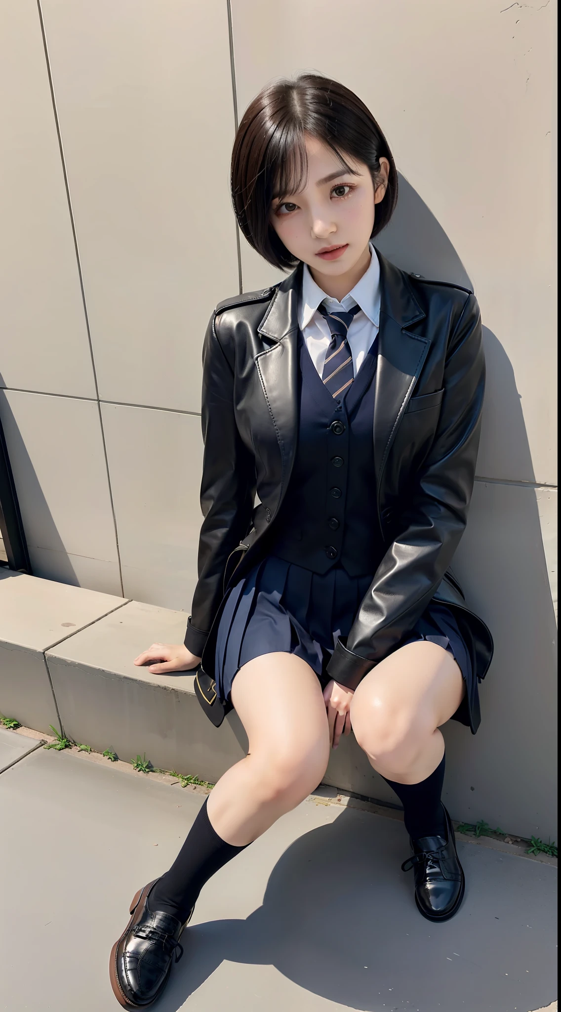 JK school uniform，Women's leather shoes，japanaese girl，short detailed hair