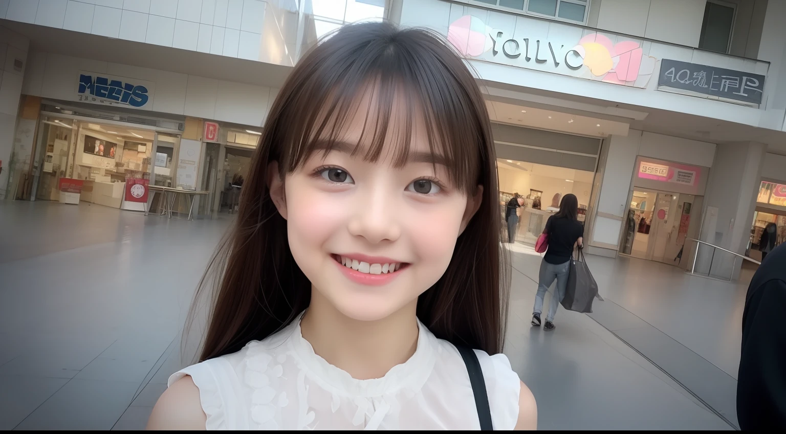 (Raw photography:1.2)、(Photorealsitic:1.4)、(masterpiece:1.3)、(top-quality:1.4)、超A high resolution、(A detailed eye)、(detailed facial features)、(detailed clothes features)、nffsw、8K分辨率、solofocus、bangss、skin tightening、(shinny skin)、(Slender girl)、dream-like、(shopping mall)
(Extreme Detail)、Confirmation of commentary、Request for commentary、landscapes、without text、
Virtual Girl-Aim、
1girl in、full body Esbian、
cute little、Innocence、
(A smile)、