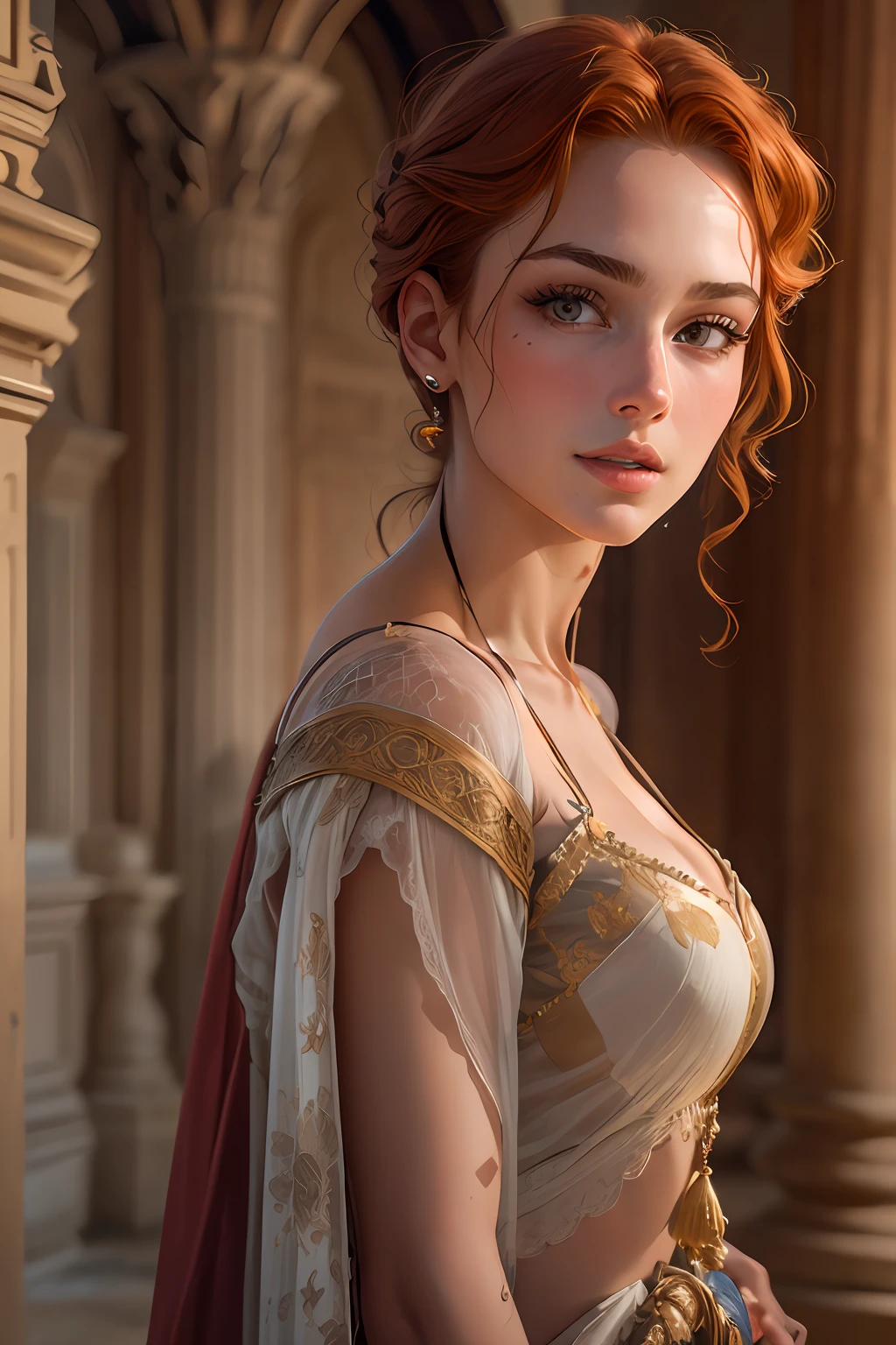 (best quality), (masterpiece), close up RAW photo portrait of a regal ginger haired princess with delicate features standing tall in a medieval castle hall, confident seductive smile, seductive eyes, eye contact, full lips, ((bubble butt)), perfect ass, sexy girl, thick eyebrows, photoreal, (realistic:1.4), realism, realistic skin, pores, film grain, ultra detailed, intricate, sharp focus, 8k, high resolution, (highly detailed face), slim, slender, perfect body