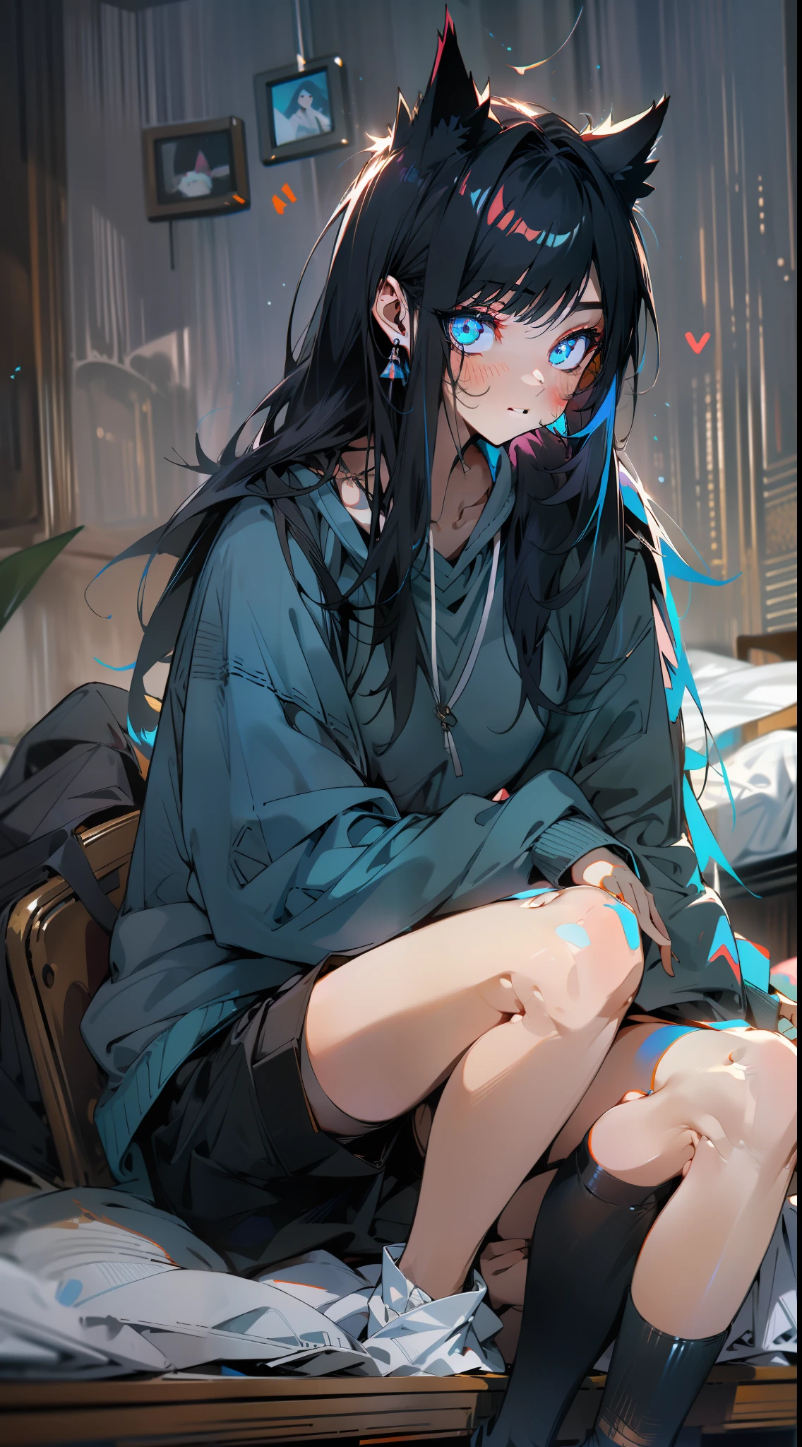 Long black messy hair,s girl,cat ear,Slender body,blue colored eyes,Loose black sweatshirt,black short skirt,Bare legged,sitting on his knees on the bed,inside in room