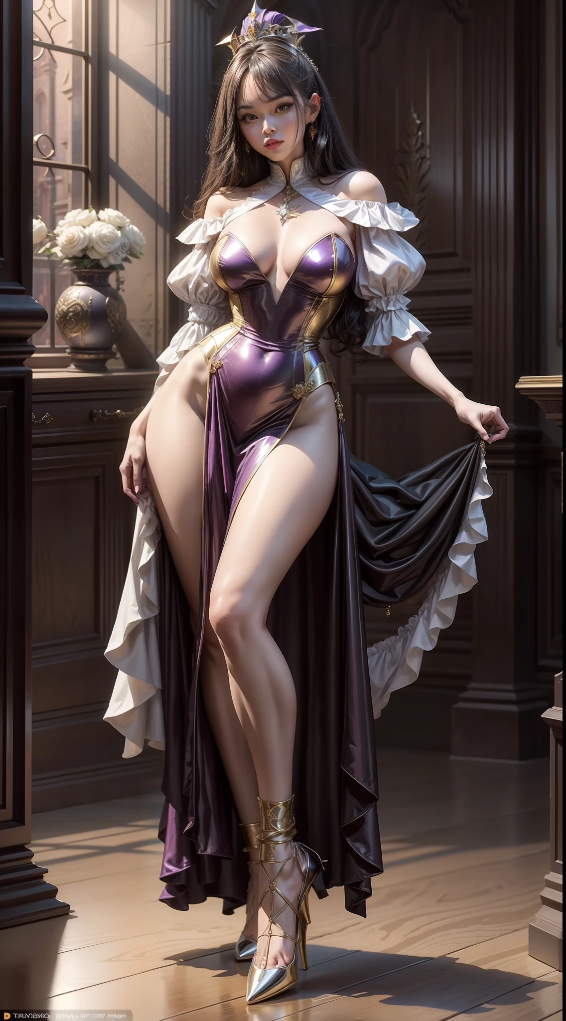 (Full body shot :2), (Full Focus:1.3),Must show your face, anatomy correct, The character is a court magician,Purple and white color scheme,Gold ornaments,Satin clothing,High-heeled leather shoes, long leges,, Heavy makeup, A shallow laugh, Must have latex socks, hyper HD, Ray traching, structurally correct, Award-Awarded, High detail, Chiaroscuro, Cinematic lighting, Masterpiece, Super detail, High quality, High details, Best quality, 16