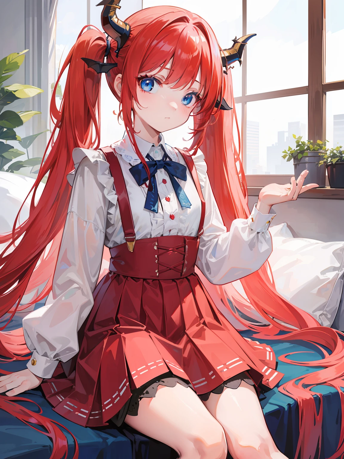{{best quality}}, {{masterpiece}}, {{ultra-detailed}}, {illustration}, {detailed light}, red hair,blue eyes,twintails,lolita,Suspenders skirt,Fantastic,loli,solo,Dragon horns,little girl,long hair
