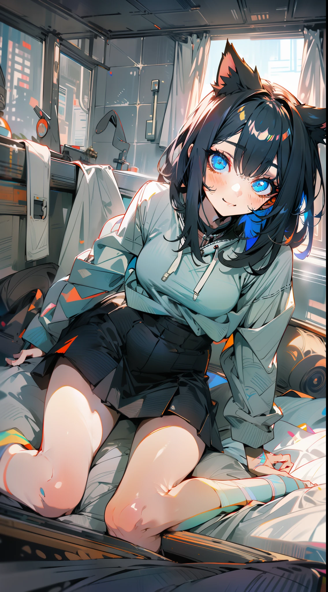 cabelos preto e longos,s girl,cat ear,Slender body,blue colored eyes,Loose black sweatshirt,black short skirt,Bare legged,sitting on his knees on the bed,inside in room