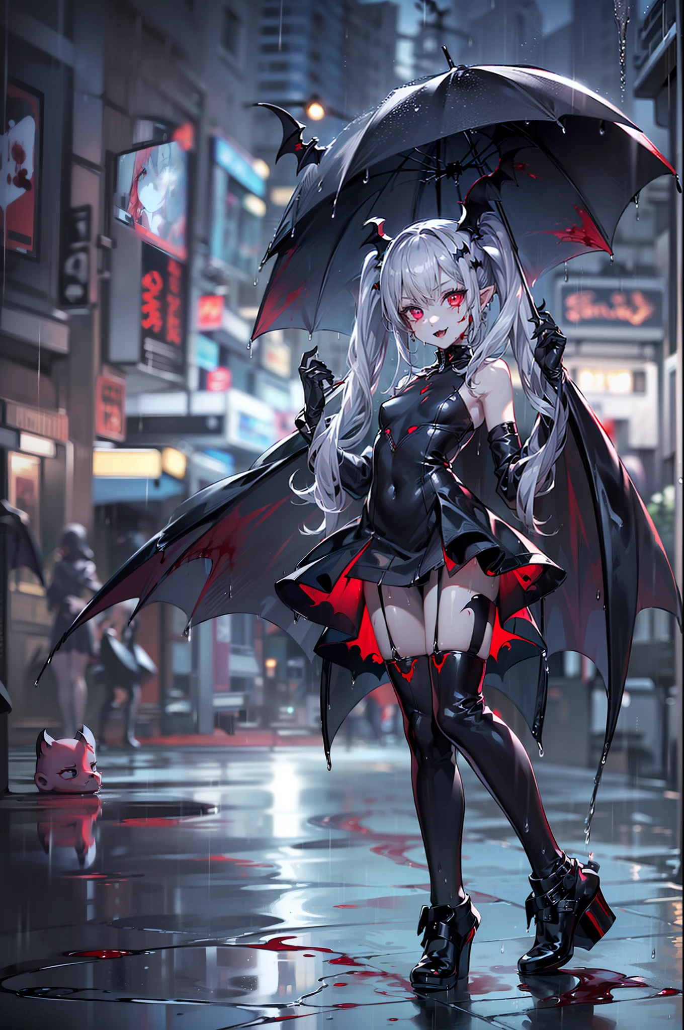 ((masterpiece, best quality, extremely detailed CG, unity 8k wallpaper,anatomically correct,ultra resolution)),Award-winning photography,(best illumination,Very Delicate and Beautiful),(one girl,solo,loli:1.5),(Vampire:1.45),silver hair,(twintails:1.2),glowing red eyes,(pale skin:1.45),(extremely beautiful and detailed face:1.2), (extremely beautiful and detailed eyes:1.2),perfect hands,delicate legs,((bat hair ornament)),(graceful,fashion),pointy ears,((full body catsuit with zipper:1.4,black high heels,black leather gloves)),looking at viewer,hand to own mouth,head tilt,morbid smile,dark persona,evil,(cute:1.5),((night, dark atmosphere, dark theme, darkness:1.5)),dramatic shadows,(dimly lit:1.5),blood on face,blood on floor, blood on walls,(blood mist,blood splash:1.4),depth of field,(Bustling city:1.2,in the rain:1.3),cloudy sky,raining,skyline,(perfect human body structure with maximum precision)
