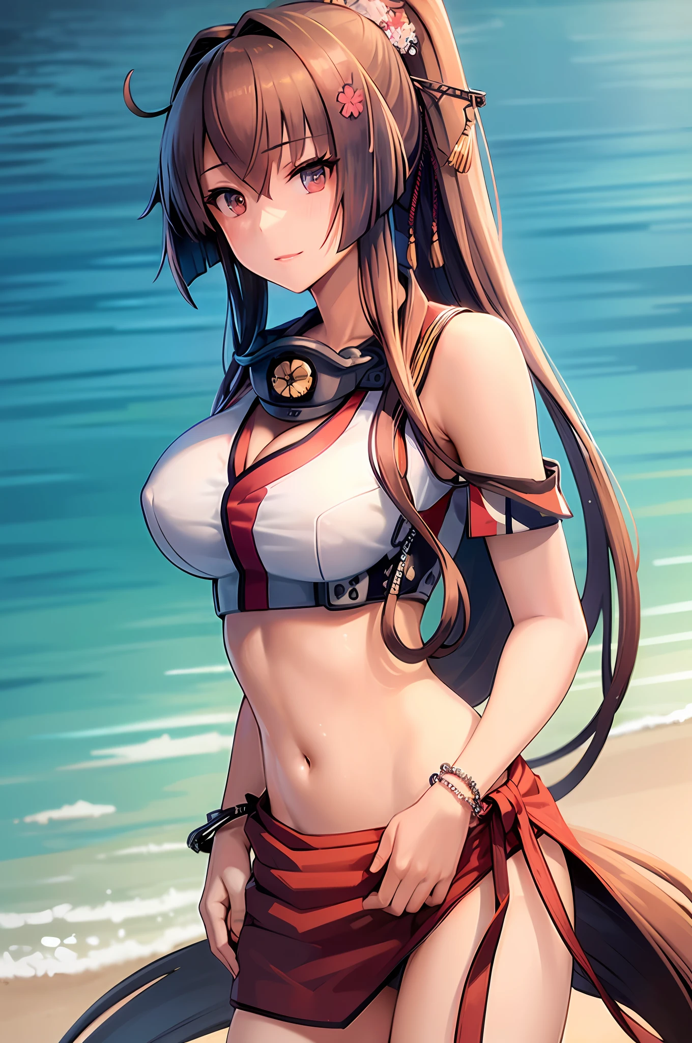 best quality,masterpiece, high res,original, beautiful detailed eyes,ultra-detailed, yamato_\(kancolle\), 1girl, (summer2_costume:1.2), swimsuit, bikini, white_bikini, sarong, bracelet, ribbon, hair_ribbon, see-through, navel, collarbone,