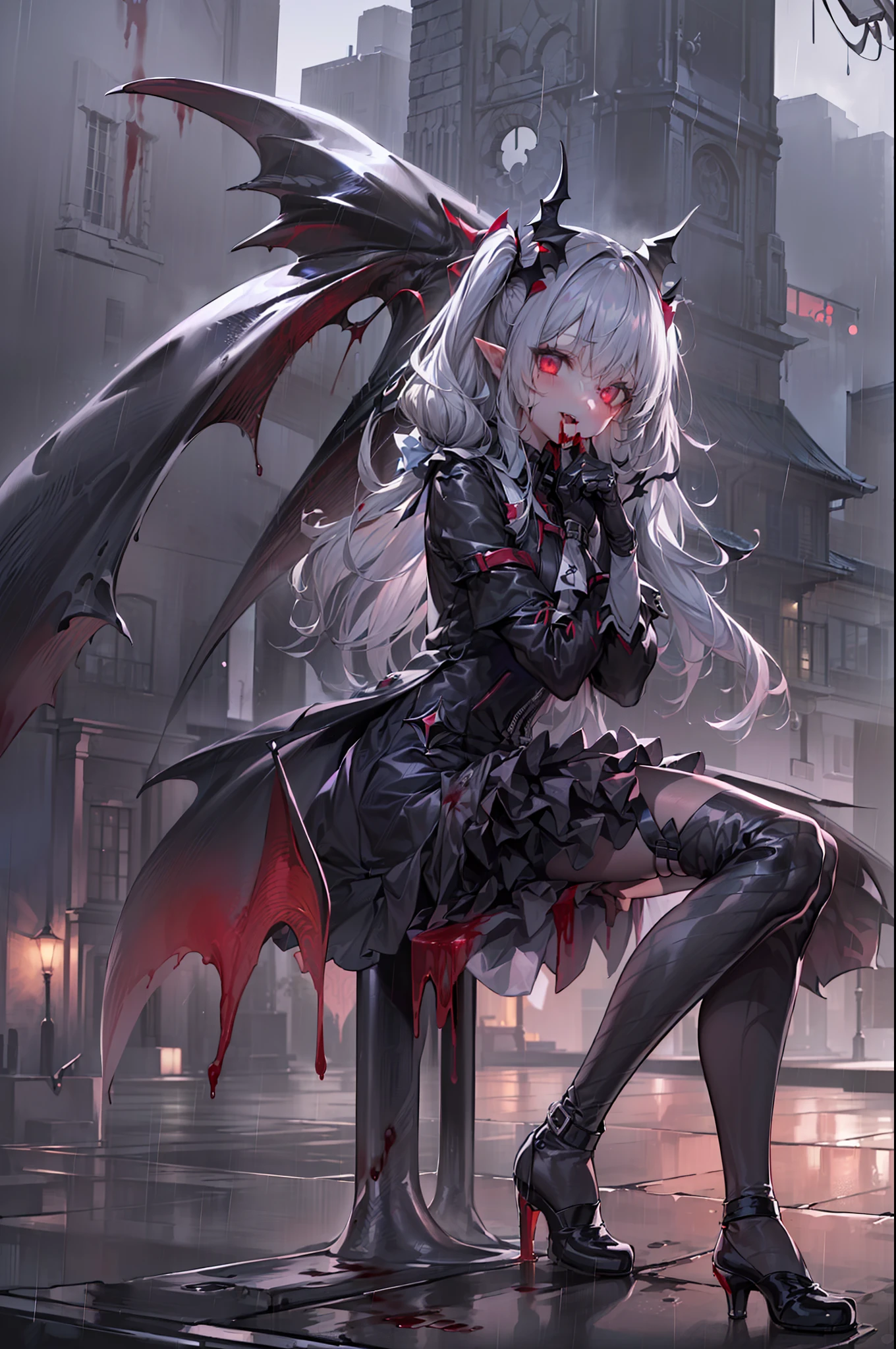 ((masterpiece, best quality, extremely detailed CG, unity 8k wallpaper,anatomically correct,ultra resolution)),Award-winning photography,(best illumination,Very Delicate and Beautiful),(one girl,solo,loli:1.5),(Vampire:1.45),silver hair,(twintails:1.2),glowing red eyes,(pale skin:1.45),(extremely beautiful and detailed face:1.2), (extremely beautiful and detailed eyes:1.2),perfect hands,delicate legs,((bat hair ornament)),(graceful,fashion),pointy ears,((full body catsuit with zipper:1.4,black high heels,black leather gloves)),looking at viewer,hand to own mouth,head tilt,morbid smile,dark persona,evil,(cute:1.5),((night, dark atmosphere, dark theme, darkness:1.5)),dramatic shadows,(dimly lit:1.5),blood on face,blood on floor, blood on walls,(blood mist,blood splash:1.4),depth of field,(Bustling city:1.2,in the rain:1.3),cloudy sky,raining,skyline,(perfect human body structure with maximum precision)