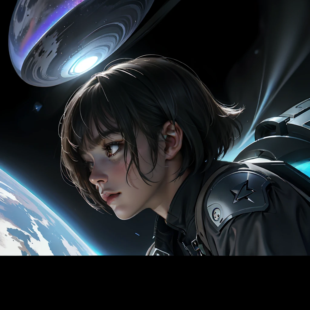 rendering by octane，Volumetric lightning，best qualtiy，High-quality shadows，Environmental occlusion，depth of fields，Detail of distant objects，God light quality，screen space reflextions，ssr，（humidity）），
Background Milky Way or Earth planet，wide angles，Casque spatial，详细的脸，Close-up of the side of the face，short detailed hair, Young boys