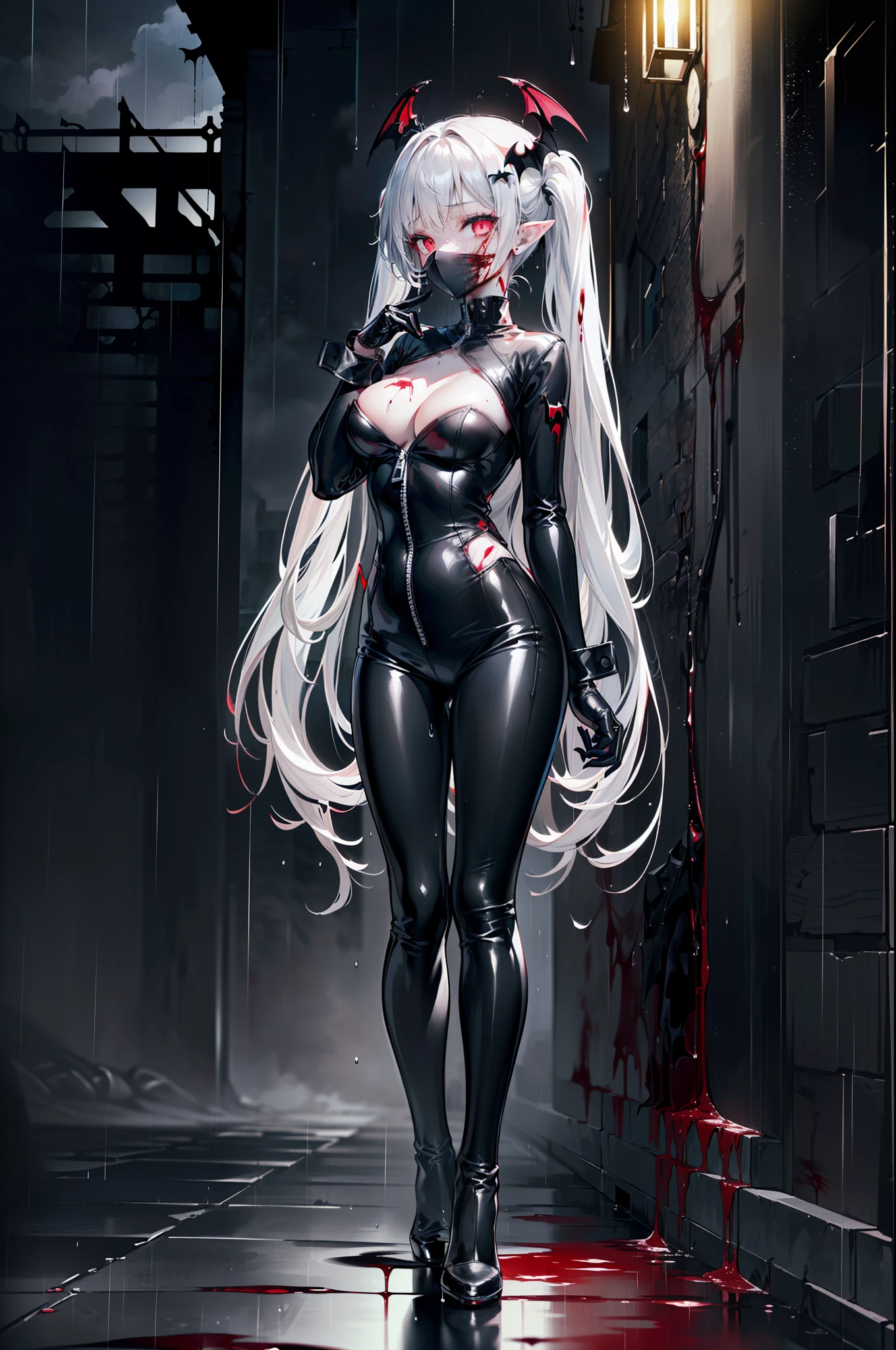 ((masterpiece, best quality, extremely detailed CG, unity 8k wallpaper,anatomically correct,ultra resolution)),Award-winning photography,(best illumination,Very Delicate and Beautiful),(one girl,solo,young girl:1.5),(Vampire:1.45),silver hair,(twintails:1.2),glowing red eyes,(pale skin:1.45),(extremely beautiful and detailed face:1.2), (extremely beautiful and detailed eyes:1.2),perfect hands,delicate legs,((bat hair ornament)),(graceful,fashion),pointy ears,((full body catsuit with zipper:1.4,black high heels,black leather gloves,latex mask)),looking at viewer,hand to own mouth,head tilt,morbid smile,dark persona,evil,(cute:1.5),((night, dark atmosphere, dark theme, darkness:1.5)),dramatic shadows,(dimly lit:1.5),blood on face,blood on floor, blood on walls,(blood mist,blood splash:1.4),depth of field,(Bustling city:1.2,in the rain:1.3),cloudy sky,raining,skyline,(perfect human body structure with maximum precision)
