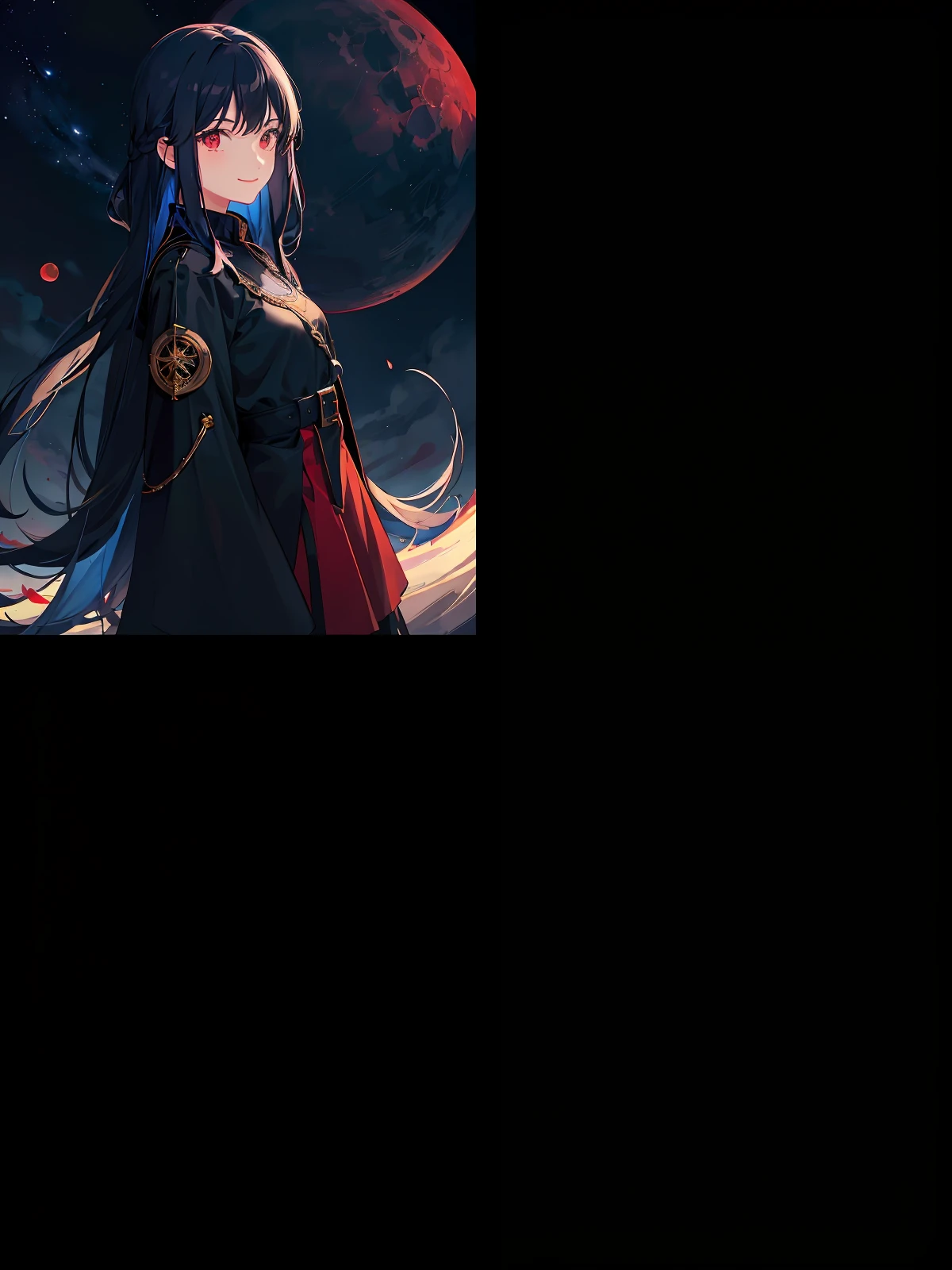 Black robe, black hair, summoning staff, cutting space, smile, red eyes