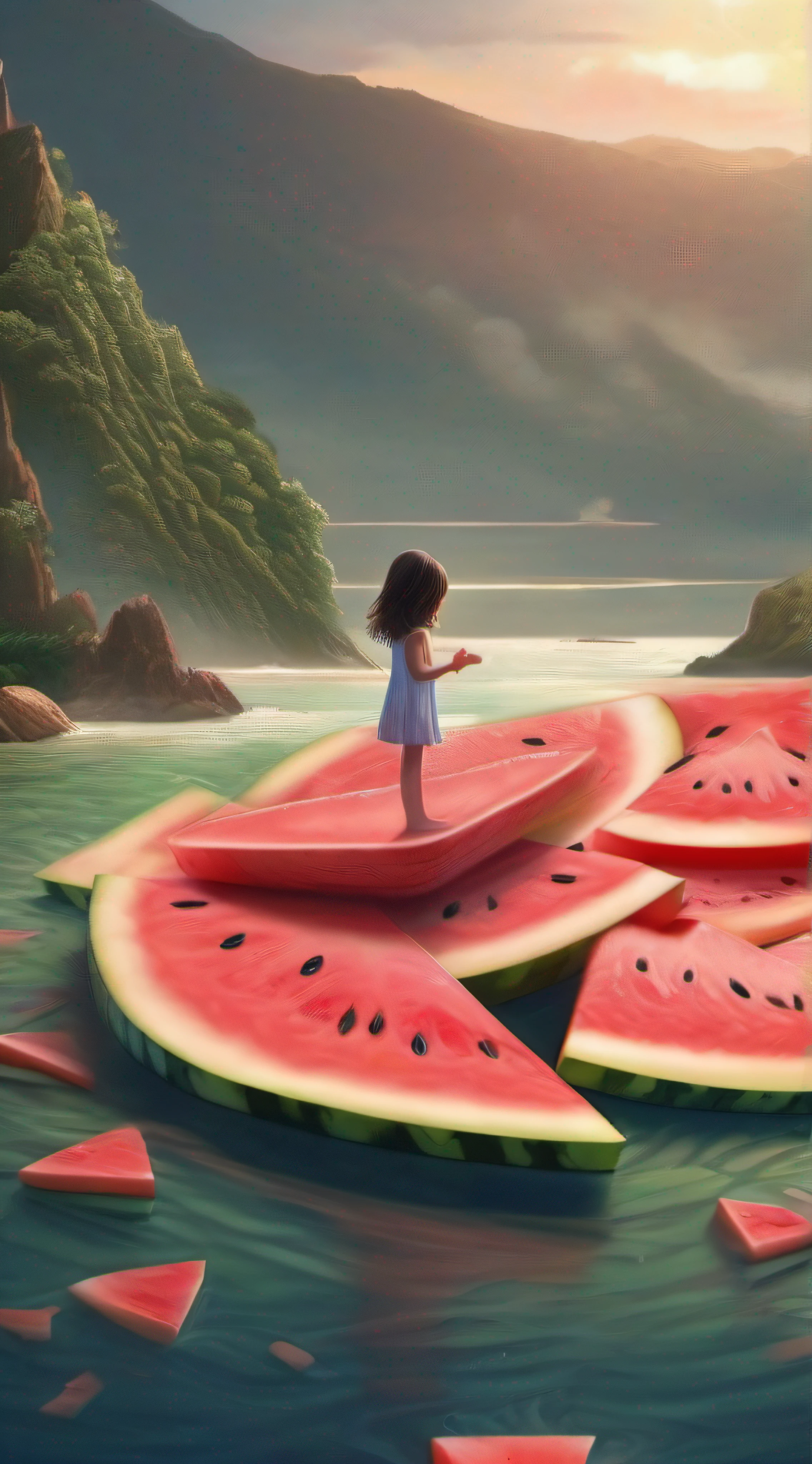 ((masterpiece)), best quality, High-definition and delicate illustrations，A little girl，She stands on a surfboard in the water，Surrounded by a sea of watermelon juice，Watermelon Mountain。