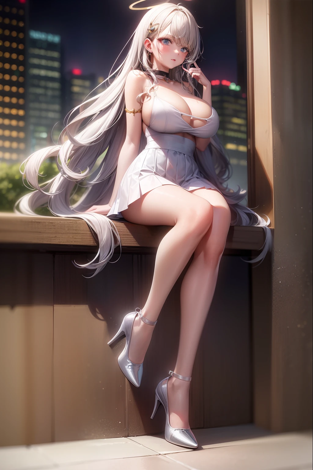 （（8K，tmasterpiece，realisticlying，The most beautifully illustrated），（（（Bust photo）））（Hyper-detailing，Ultra-clear，naturey），（（White wavy extra-long curls）：1.3，choker necklace，ear jewelry，Pink and moist lips，），1 busty girl，the night，Cafe on the top of the hill，Exhaustive coffee，white super long hair，White wavy curls，Hair is shiny，The halo，Open student uniform with pleated skirt off，Elegant and beautiful hairpins，White wavy curls，Bare-legged and high heels，Reasonable movements，Stretch meat，Fair and moisturized skin