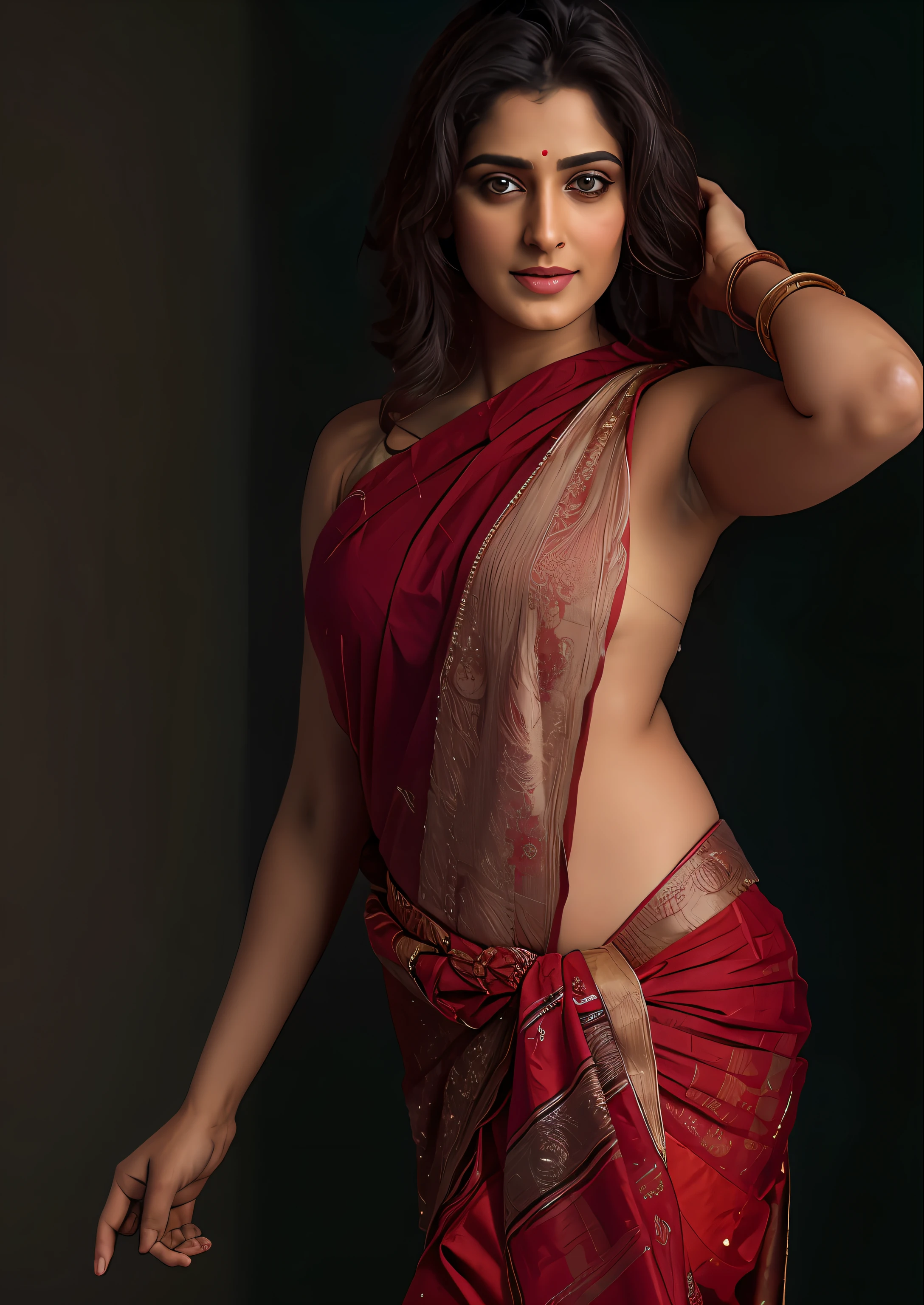 masterpiece, Closeup shot, mastershot, Full body Closeup, profile photoshoot, light brown skin girl, 30 years old, beautiful, perfect meaty body, sharp picture, high pixels, canon, 50mm lens, dslr, highly detailed, Best quality, perfect eyes, model shoot style,no bra Wearing, only saree draping as vintage Indian style, perfect figure, woman in a red sari posing for a picture, traditional beauty, traditional saree draping, beautiful actress, looks like South actress Anushka Shetty, provocative indian, very seductive pose, soft white studio lighting, dressed in a sari, indian super model, indian goddess, sexy pose, seductive and powerful, indian, with a seductive smile,modeling photography, very attractive and beautiful, sensuous, very sexy pose, hands behind her body pose!