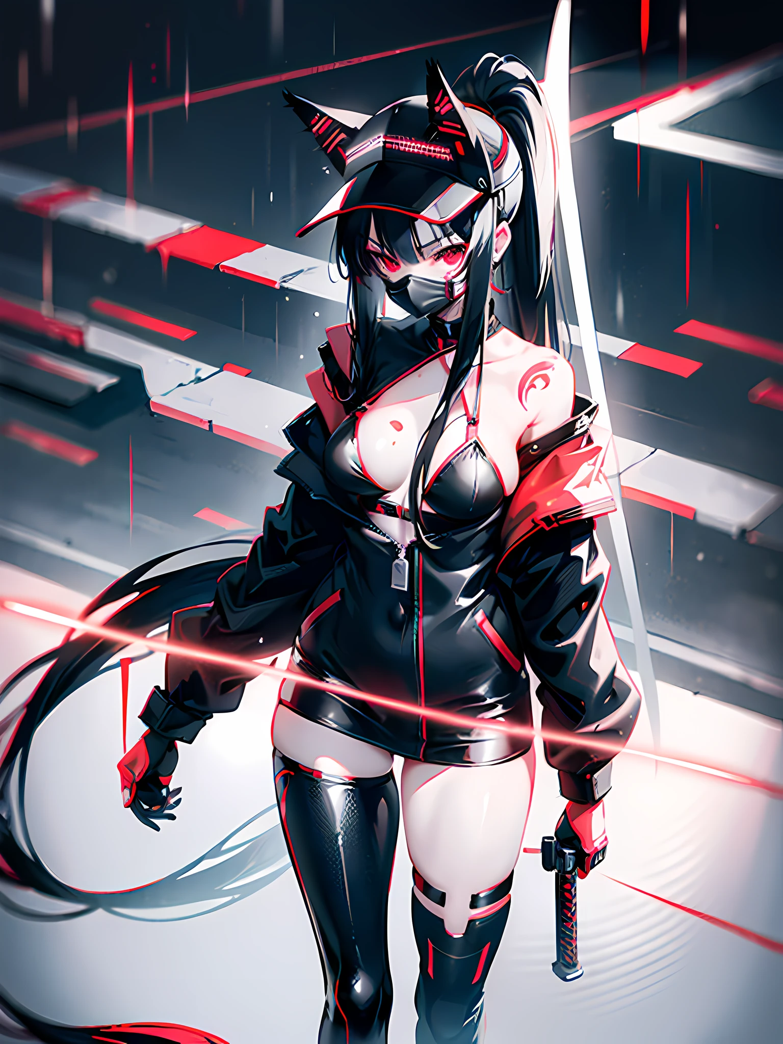 1girl, long black hair with ponytail, red eyes, wearing cyber bikini, wearing cyber cap, wearing cyber mouth mask, cyber fox tail, holding cyber katana, cyber katana on the shoulder, cyber city, in the middle of big road, raining, absurdres, high res, ultrasharp, 8K, masterpiece, wide angle, looking at viewer