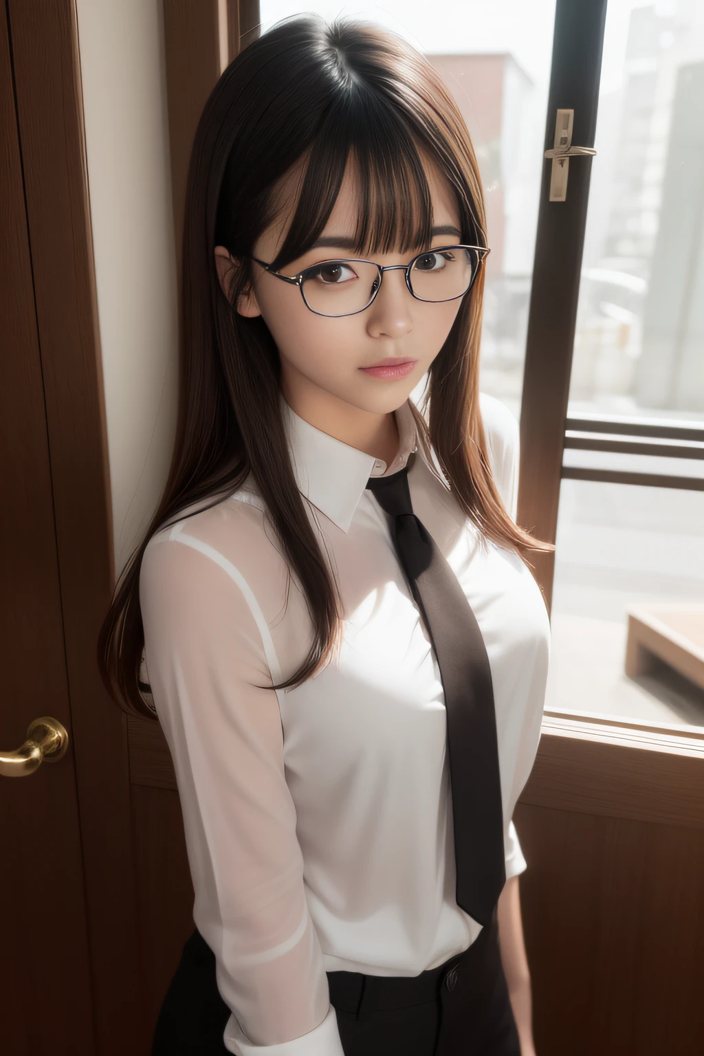masterpiece, top-quality, ultra-detailliert,Brown-eyed, A dark-haired, bangss, short-hair, seducting smile, Women in Japan、Black-rimmed glasses