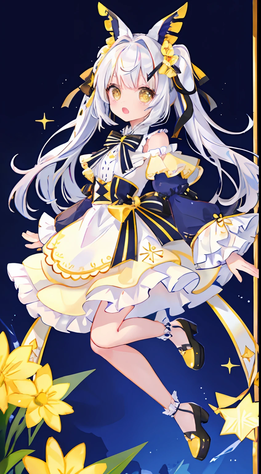 skirt by the、One girl、Shoulder-length clothing、frilld、Ribbon on the back、Wear it on top、white hair、Twin-tailed、black ribbon on the head、yellow eyes、Glitter、kirakira、beautidful eyes、Beautiful eyes、masterpiece、Top image quality、top-quality、double tooth、cute little、stele、Pop backgrounds、Standing picture、full body Esbian、