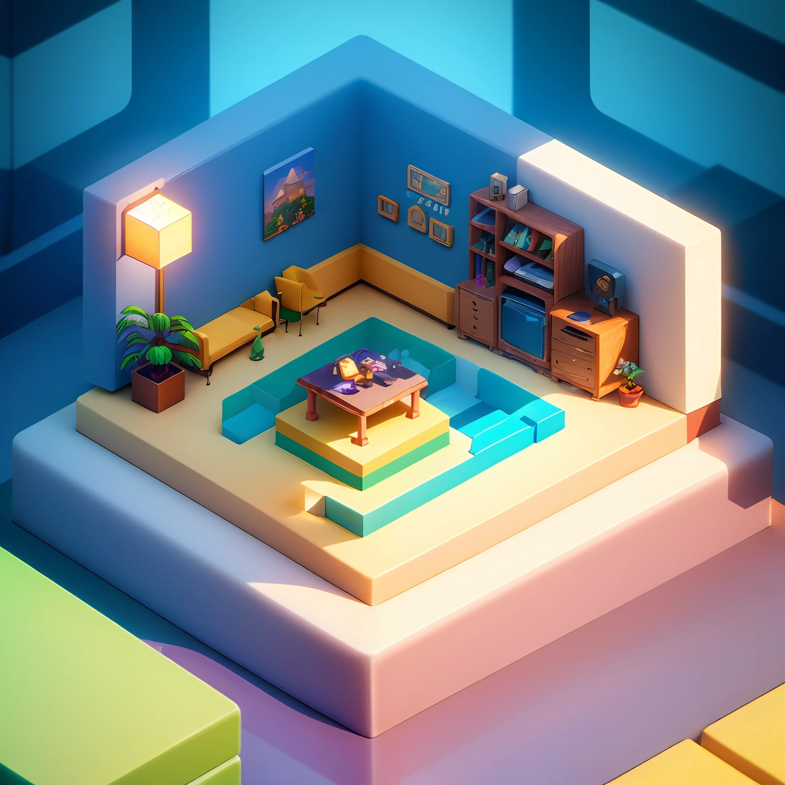 (Isometric perspective:1.5),(Pixar style:1.2), Room, bed, sofa,(small bonsai:0.8),desk lamp, TV, mural, 3D,Disney,Panoramic photo,White background, solid background,Global illumination, raytracing, modeling,HDR,octane render,unreal render,behance,dribbble,artstation,best quality, 8k,