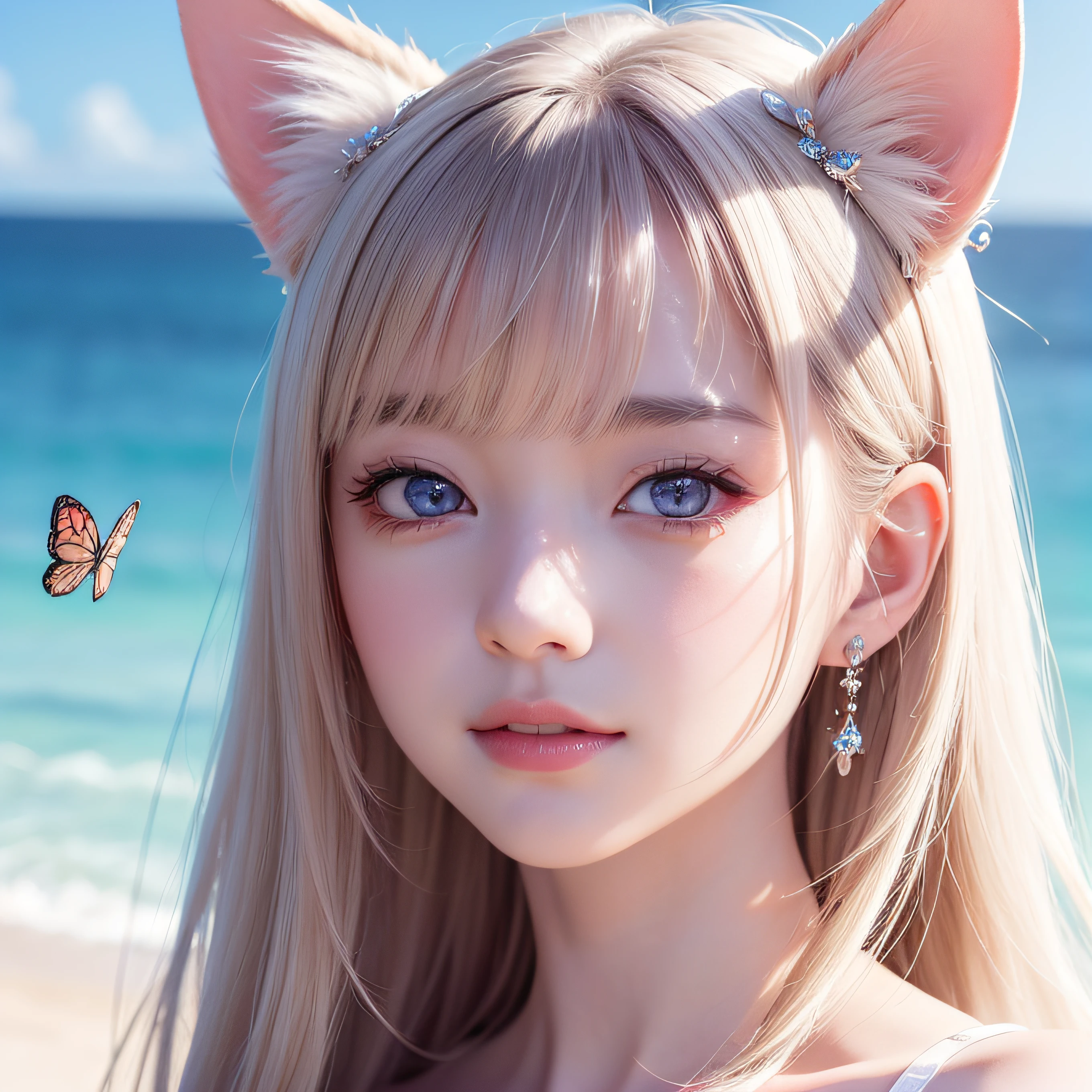 Close-up of glowing eyes、Close-up of glowing eyes、Shining eyes、Shining eyes、Close up of a smile with the corners of the mouth raised、Close up of a smile with the corners of the mouth raised、Close up of a smile with the corners of the mouth raised、close up of face、close up of face、close up of face、round and clear eyes、Shining eyes、Shining eyes、（Very clean hands、four fingers a thumb、four fingers a thumb、four fingers a thumb、four fingers a thumb）、Beautiful 22 year old woman、dreamlikeart、Highly detailed airbrush art(((Surreal))、intricate detailes、Volumetric lighting、(​masterpiece:1.2)、(top-quality)、（The ultra-detailliert)、(The composition of the movement:1.4)、Highly detailed colorful details、(Irridescent color:1.2)、(Bright lighting)、dream-like、Magical、dynamic compositions、Ray traching、The mirror reflects light、Shallow depth of field、ultra-detailliert、mixing  exposure、nffsw、Super masterpiece、vivd colour、colourfull、One woman's face、(Cute cat in clothes、Cat)、Anthropomorphic representation、Rich colors、exquisitedetails、（masutepiece,Best Quality:1.5), (butterflys,Exquisite butterflies,Ultra CG), (High resolution:1.5)、(Big eyes、Dark iridescent eyes、Glowing eyes、Eye Gloss）（Raise the corners of your mouth and smile、Open lips、lipgloss）、（bangss、rainbow-colored hair）、The beach is covered with colorful and transparent smooth stones:1.5、Orange in the sky、pink there、Absolutely enchanting sunset on the beach mixed with yellow。The water is crystal clear、White sand beach stretches out as far as the eye can see。It's a dynamic and breathtaking scene。Enjoy the calm atmosphere、