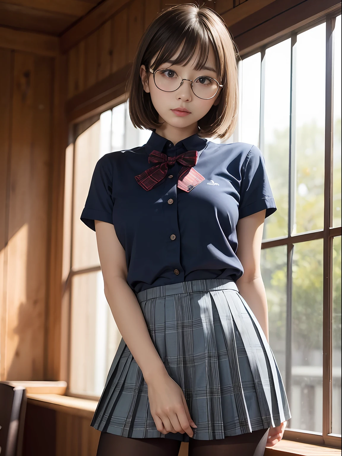 (8K、Raw photography、top-quality、masterpiece:1.2),Light blue bra seen through the shirt,de pele branca,kne,(Black pantyhose),absurderes,a small face,small tits,flat breast,Parting the bangs from the middle、Forehead visible,(Tight eyes,glares,Bullish,skinny,Rasping,irate)、masterpiece,top-quality、超A high resolution,Raw photo,ren,Beautiful fece,One Person, 独奏,eye glass,,Dark look,Small breasts,fullllbody,Round glasses、cute little、JK school uniform,hi-school girl,A Japanese Lady,is standing,(Photorealsitic:1.37)、Photon mapping,Light blue ribbon,Realistic、Cute little face,Brown-eyed、Black socks、(Red bow tie)、Radio City、Physically Based Rendering、Foreground、depth of fields、Blurry background、a picture,The girls、Body,beauty legs, Long legs, Thin leg,Long bob cut,(Bangs are visible), hair, s lips, Blue_The eye, nosesoft,(Shirt), (Navy and blue and white plaid pleated skirt), Knees are visible,Sheer clothing,, Thigh, Black cotton socks,Nogizaka Idol, 女優, Japanese ido