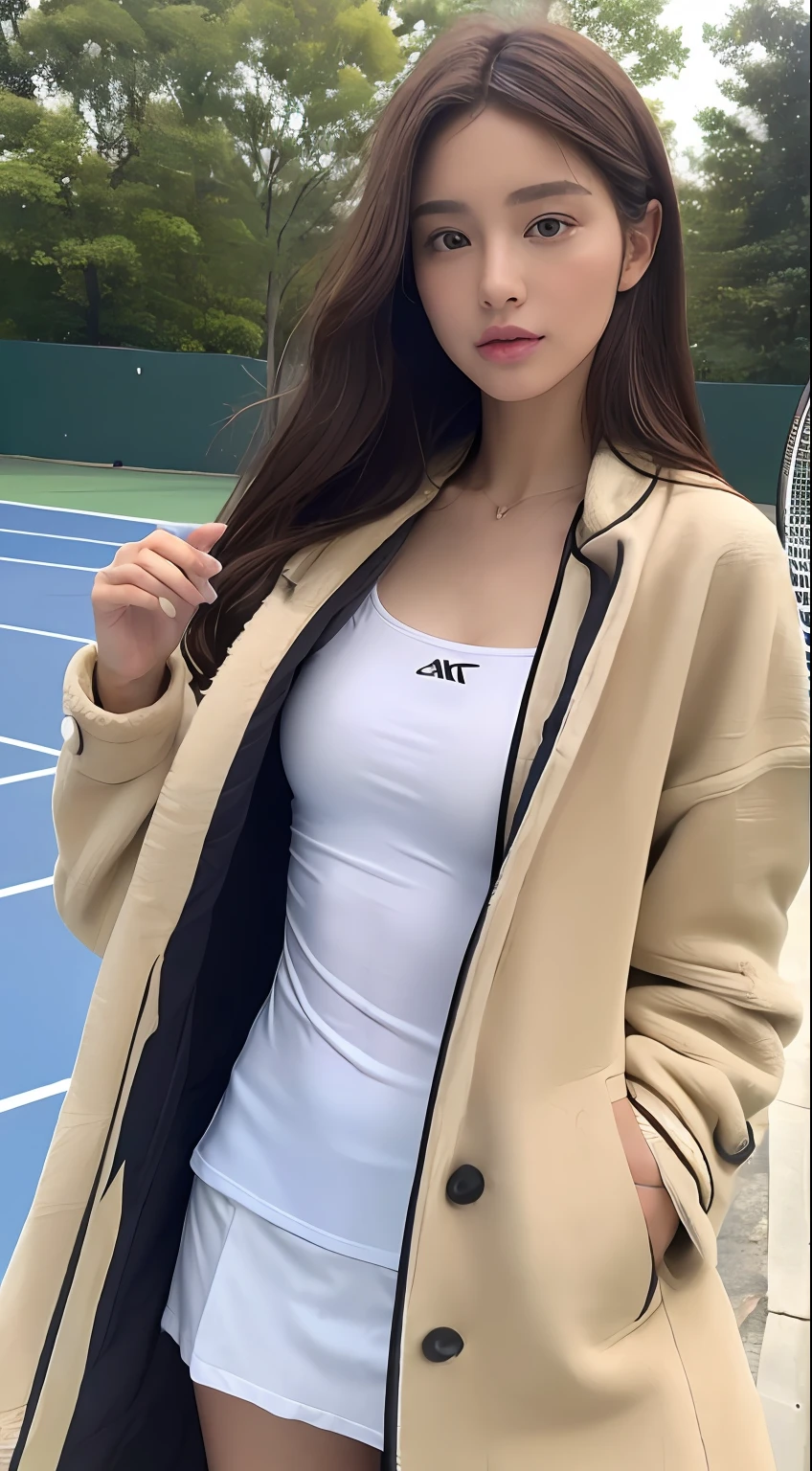((top-quality、8K、masterpiece:1.3))、foco nítido:1.2、Perfect Body Beauty:1.4、Slim abs:1.2、((dark brown hair、small tits:1.2))、(natural soft light、street corner:1.1)、Highly detailed facial and skin texture、A detailed eye、二重まぶた、(((tennis coat)))、(((Tennis Wear)))、Hot summer Sunday、portlate