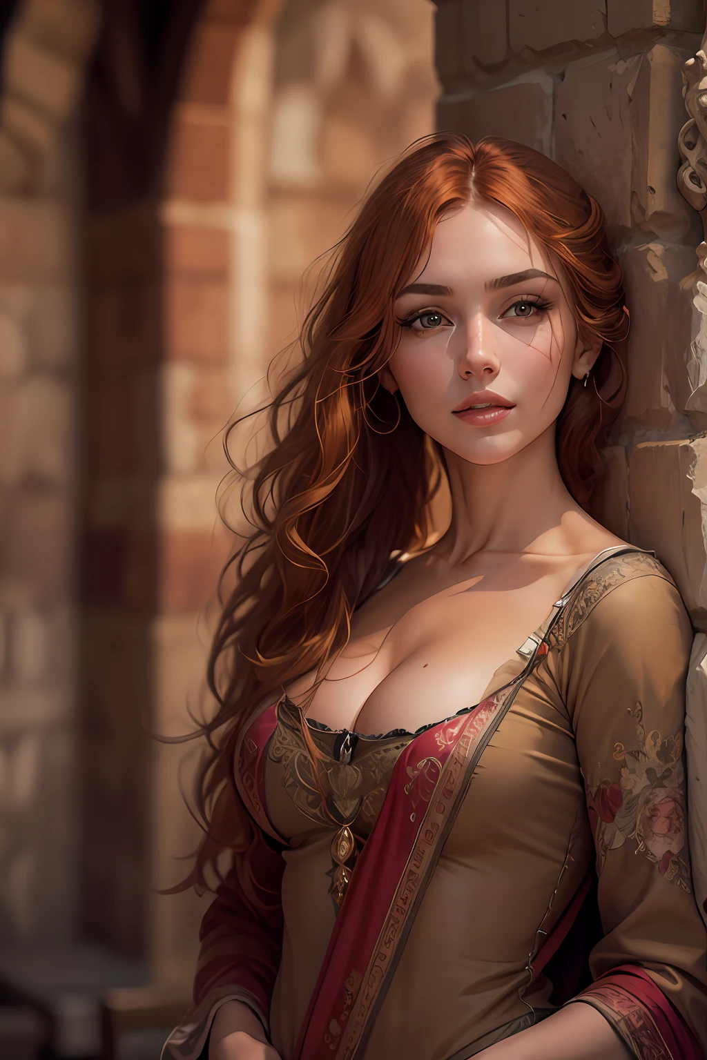 ((best quality)), ((masterpiece)), RAW photo portrait of a hot ginger haired princess with delicate face features standing tall in a medieval castle hall, confident seductive smile, sharp jawline, seductive eyes, eye contact, full lips, ((big boobs)), deep cleavage, thick dark eyebrows, photoreal, real, realistic, realism, realistic skin, pores, film grain, ultra detailed, intricate, sharp focus, 8k, high resolution, (highly detailed face), slim, slender, perfect body, ((pornstar))