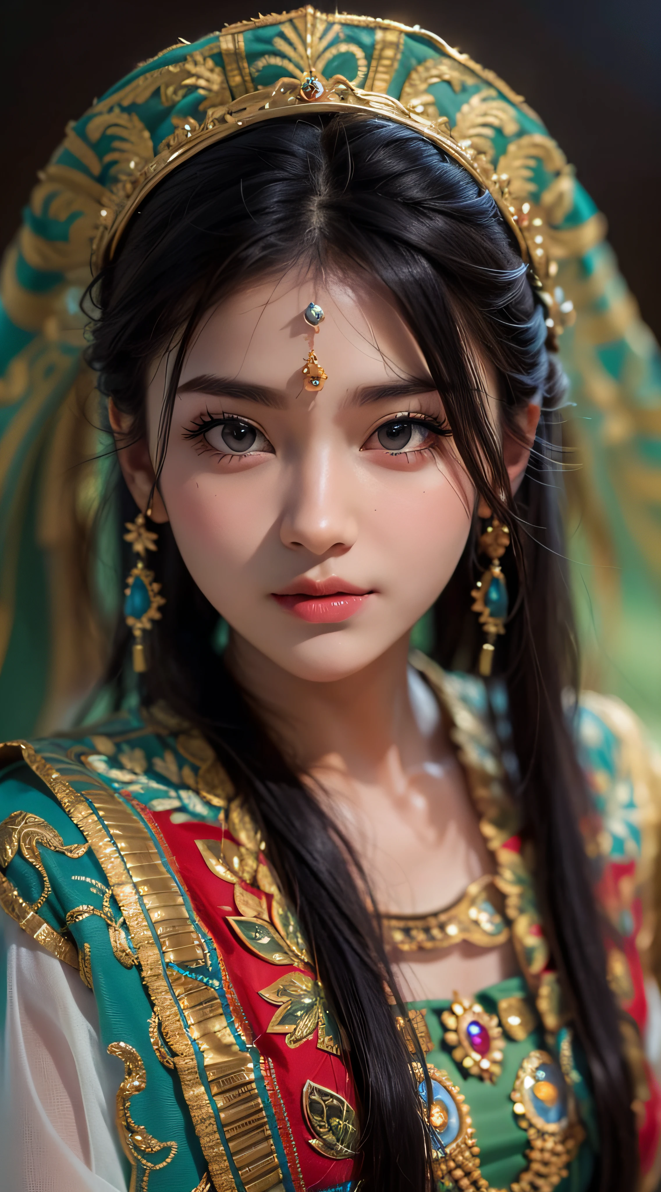 Realistic, authentic, Masterpiece, beautiful and amazing , Burmese traditional costume, beautiful 25 yo girl, detail face,((( hyper realistic skin texture))), hyper realistic eye detail skin , ultrarealistic photo shot, full body shot. Charming dress, beautiful  standing pose.