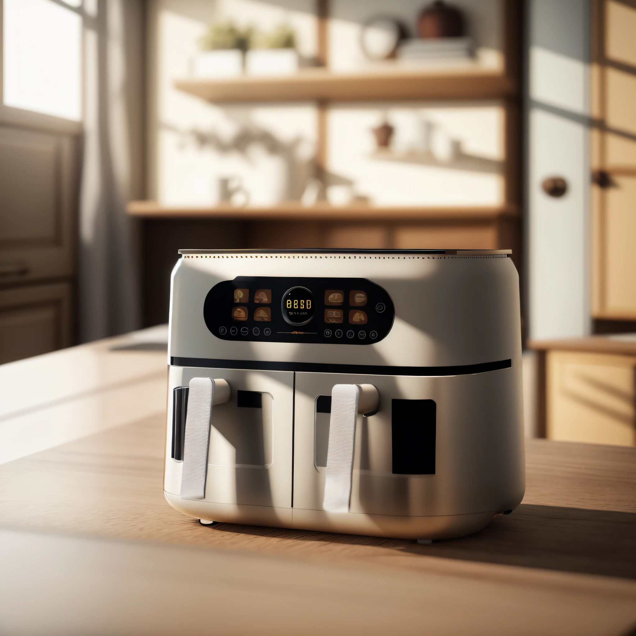 Air fryer placed on the table,Interior design of modern style, Realistic, Photorealistic, 8K, strong light on meeting table,Chiaroscuro, hyper HD, Best picture quality ,realisticlying,Foto realism,cupboard,Lens perspective blur,Bright lights,Realistic lighting