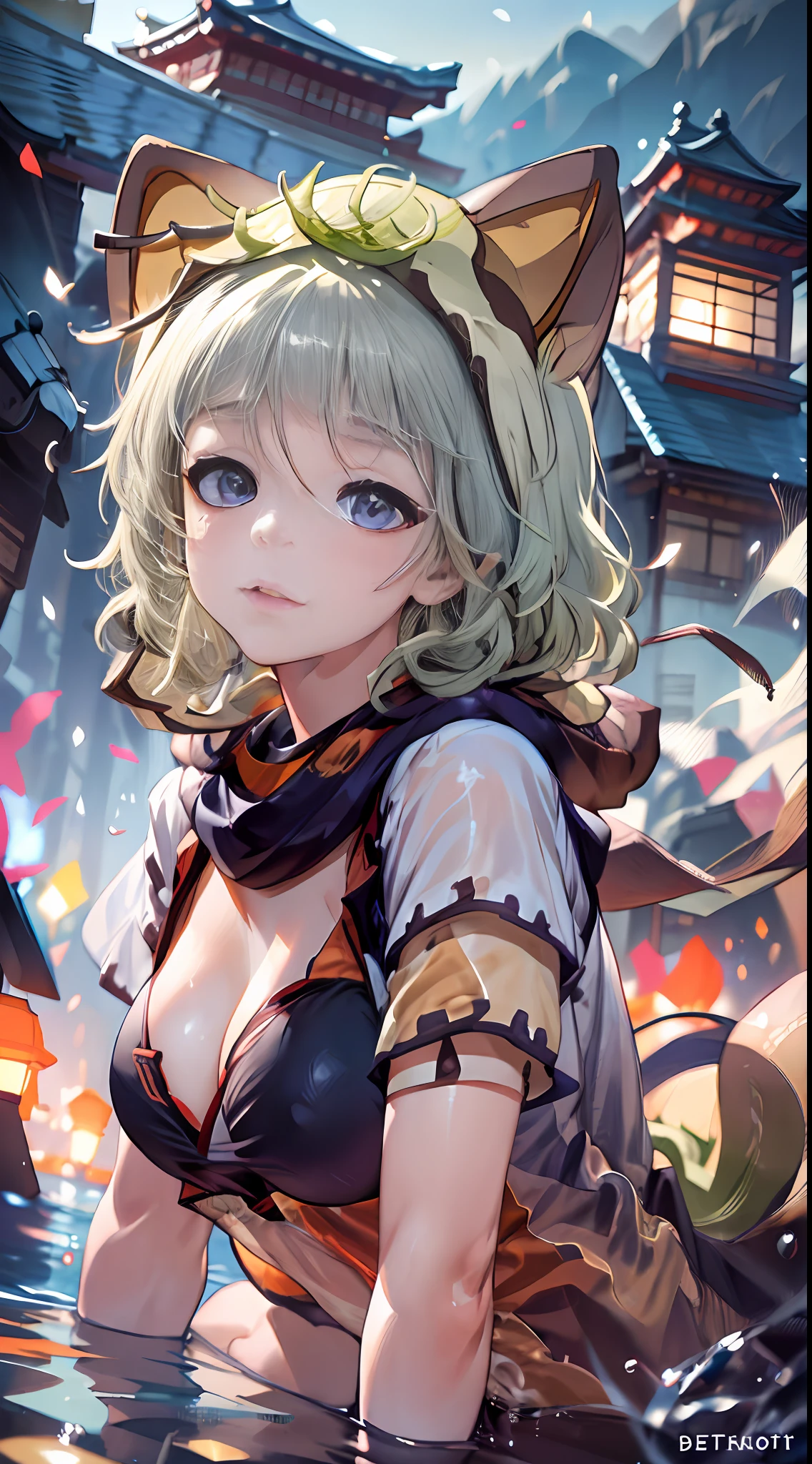 (NSTDA.:1.2), (10, beste-Qualit, master-piece: 1.4), ultra-high resolution, (lifelike, photorealistic portrait: 1.48), 40yearsold, A Beautiful Girl, Tall, small boobs, Famous Japanese actors, Blue Eyes, Head tilt, cowboy shot, from the front,My favorite cat ears, looking at the audience, expressionless, Beautiful lake, Zeiss 150mm F/ 2.8 Hasselblad, In Japanese shrines, Whole body, foot, Ultra-Wide Angle