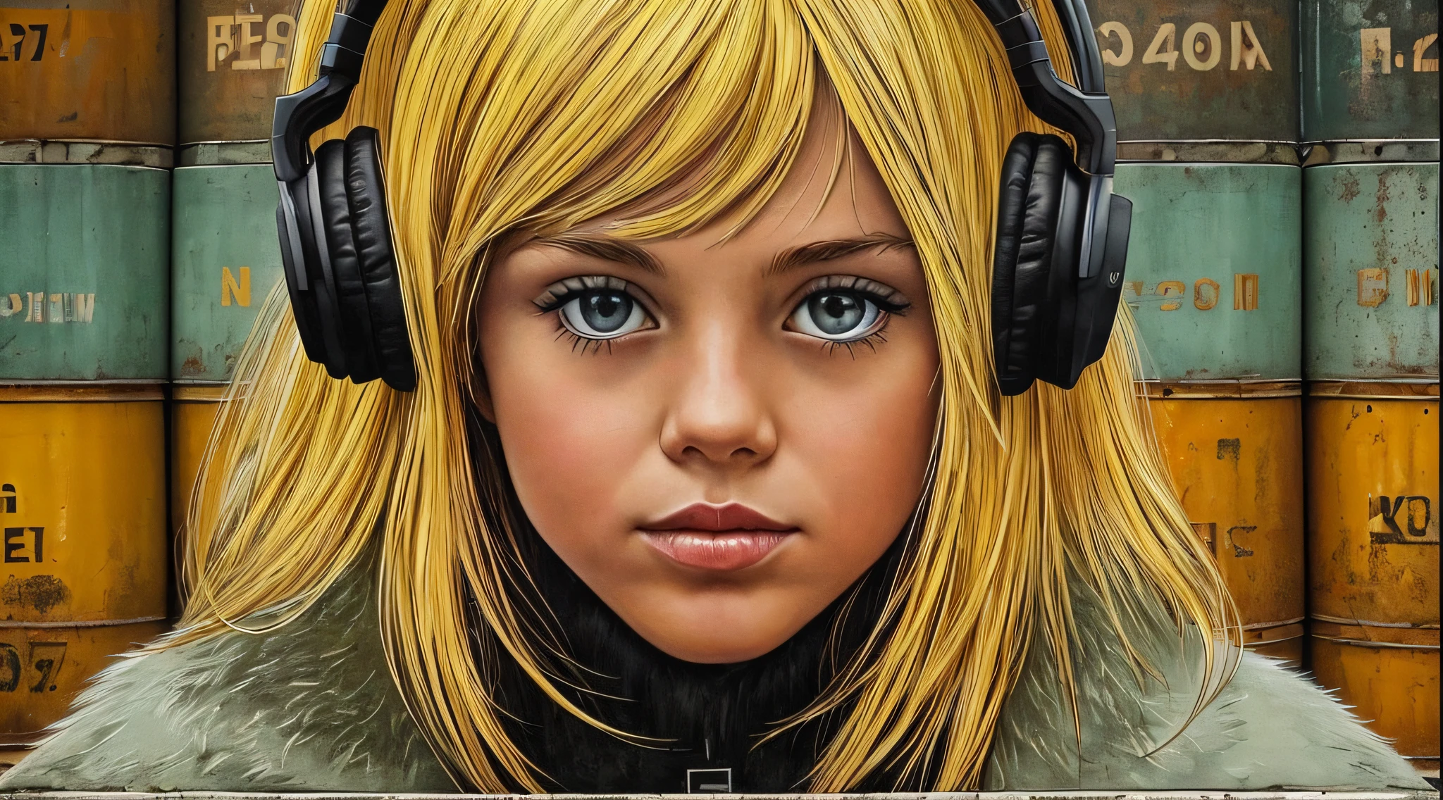 GIRL CHILD  BLONDE HAIR, LONG, CLOSE UP, RUSSIAN STYLE HEADPHONES, BLACK FUR COAT, a closeup of a large pile of yellow barrels with radioactive symbols, nuclear waste, radioactive wastelands, toxic waste, radioactive particles, nuclear wastelands, radioactive, uranium, nuclear, nuclear fallout, post-nuclear, nuclear fashion, post-nuclear fallout,  nuclear energy, future of nuclear energy, nuclear, nuclear art, nuclear reactor, nuclear energy, radiation, toxicity, contaminated