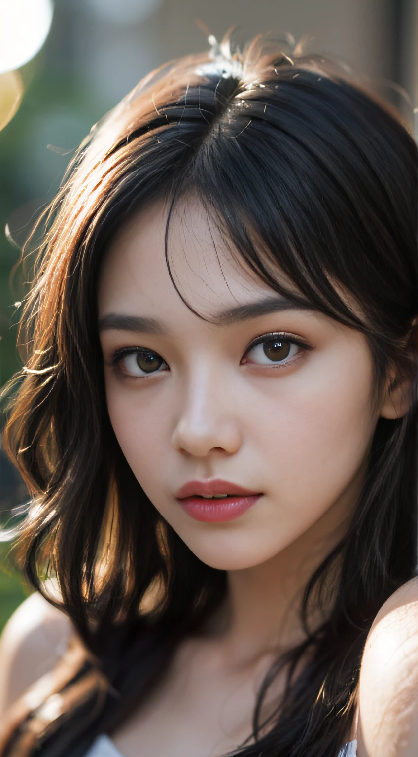 film portrait photography, 1girl, bare shoulders, wavy shoulder-length hair, serene, calm, (realistic detailed eyes, natural skin texture, realistic face details), soft dramatic lighting, depth of field, bokeh, vibrant details, finely detailed, hyperrealistic, 35mm film, hazy blur