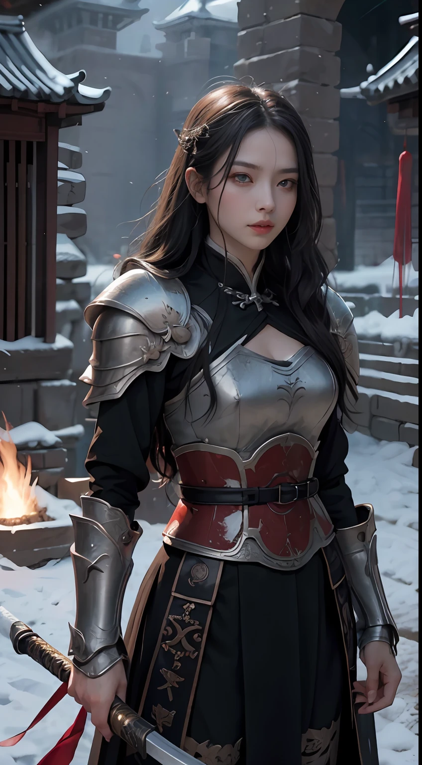 (Positive focus),(in the darkness nigth:1),(best qualtiy),(Fidelity:1),filmposter,realistic skin textures,highly detailed,8k wallpaper,Volumetriclighting,动态照明,one-girl,cabelos preto e longos,horse tailed,Black Metal Armor,red waistband,Black armor,Shoulder blades,Waist Guard,Hand Guard,Wear a veil,Hold the long sword in front of you,Ancient Chinese wind,Fighting posture,Lots of blood,face with blood stains,Broken clothes,Ancient Chinese Battlefield,A group of ancient soldiers chased and killed,Arrows fly,There is a lot of war,the night,Dramatic composition,Sword qi surrounding,The picture is rich in detail,karo,电影灯光,(jiayi:1.5), closeup cleavage, tmasterpiece, best qualtiy, RAW photogr, realisticlying, the face, Incredibly Ridiculous res, depth of fields, A high resolution, ultra - detailed, finedetail, The is very detailed, Extremely detailed eyes and face, Sharp pupils, realistic pupil, tack sharp focus, cinmatic lighting