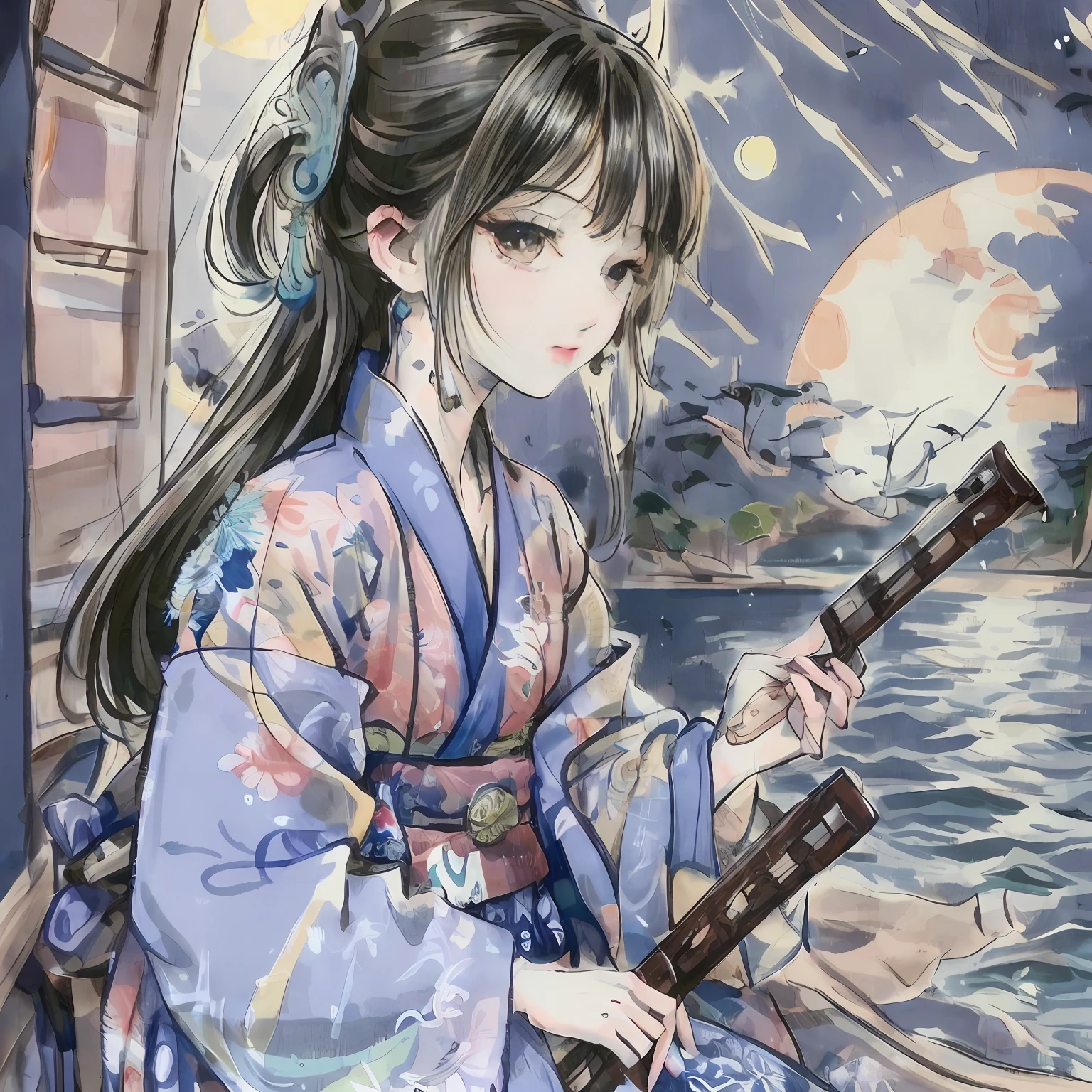 (Drawing on Japanese paper)、(masterpiece)、Woman playing the shamisen on Japan、Beautuful Women、closing eye、night seaside、Full moon visible、Shooting stars are visible、Full moon reflected in the sea