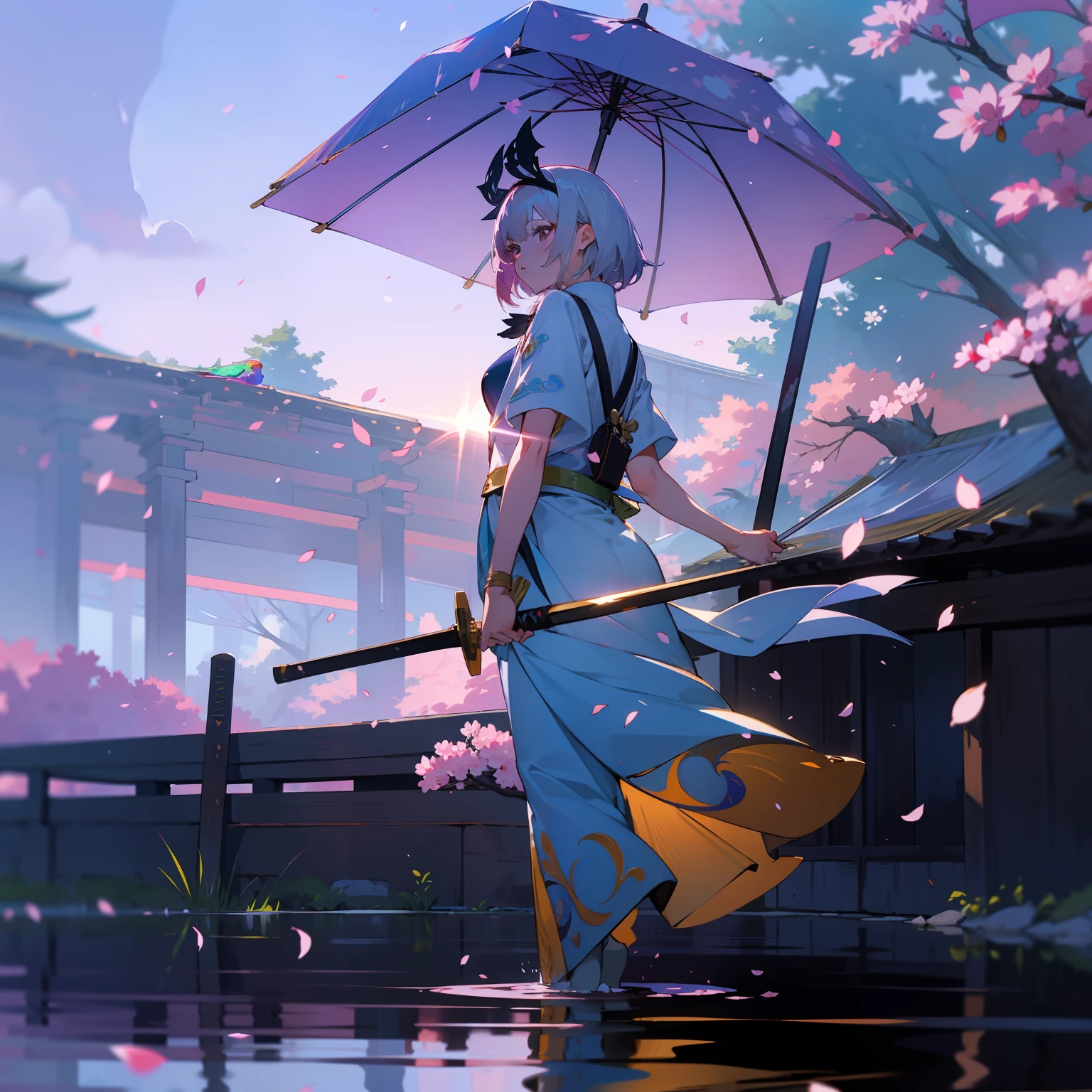 Golden white illustration of Yom holding a Japan sword, masutepiece, Fine detail, 4K, 8K, 12K, Solo, One Person, Beautiful Girl, caucasian female, Yom Compaq, Konpaku parrot from behind, standing on water, Cherry petals on the ground, Hell , lanthanum, Cherry blossom petals, Purple Sky