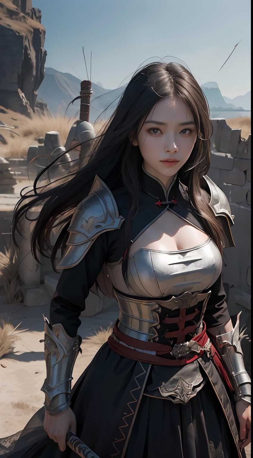 (Positive focus),(in the darkness nigth:1),(best qualtiy),(Fidelity:1),filmposter,realistic skin textures,highly detailed,8k wallpaper,Volumetriclighting,动态照明,one-girl,cabelos preto e longos,horse tailed,Black Metal Armor,red waistband,Black armor,Shoulder blades,Waist Guard,Hand Guard,Wear a veil,Hold the long sword in front of you,Ancient Chinese wind,Fighting posture,Lots of blood,face with blood stains,Broken clothes,Ancient Chinese Battlefield,A group of ancient soldiers chased and killed,Arrows fly,There is a lot of war,the night,Dramatic composition,Sword qi surrounding,The picture is rich in detail,karo,电影灯光,(jiayi:1.5), closeup cleavage, tmasterpiece, best qualtiy, RAW photogr, realisticlying, the face, Incredibly Ridiculous res, depth of fields, A high resolution, ultra - detailed, finedetail, The is very detailed, Extremely detailed eyes and face, Sharp pupils, realistic pupil, tack sharp focus, cinmatic lighting