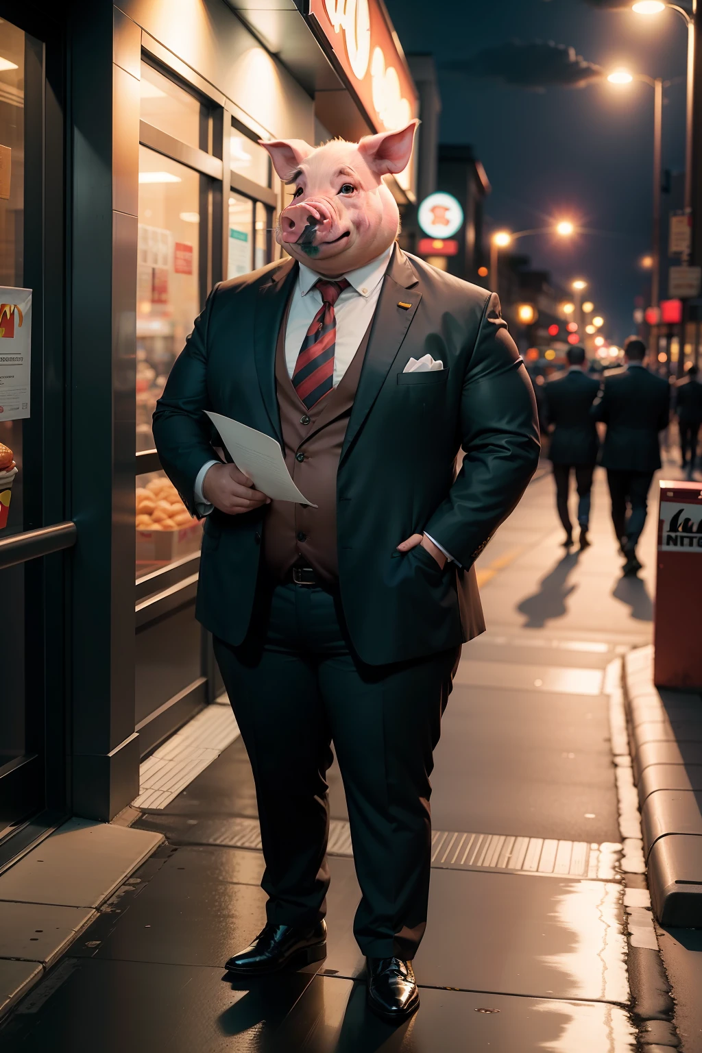 A pig in a suit, short and chubby, holding a white paper in hand, with a full body photo, outside McDonald's, at night, there are no other people nearby, and the sky is red