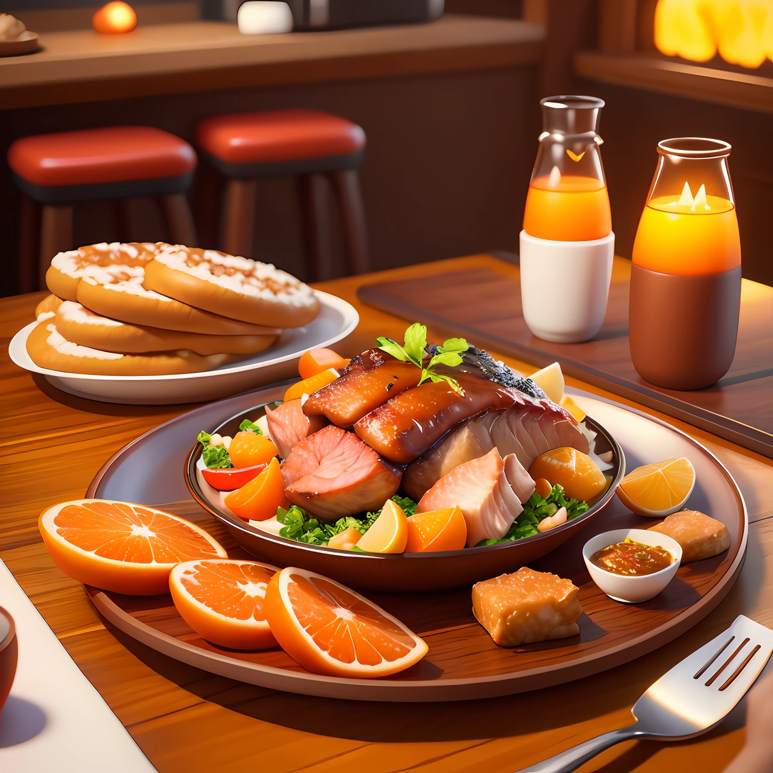 Cartoon style、Game Scene Atmosphere Map、pixer style、Orange scent、A few plates of food on the table、large chunks of burnt meat、Stewed meat、Steamed fish、Glass Drink Cup、Restaurant at night、casual play style、Low-poly、Low-poly、Supreme Detail、3D、​masterpiece、top-quality、unrealengine、Cartoon rendering、8K