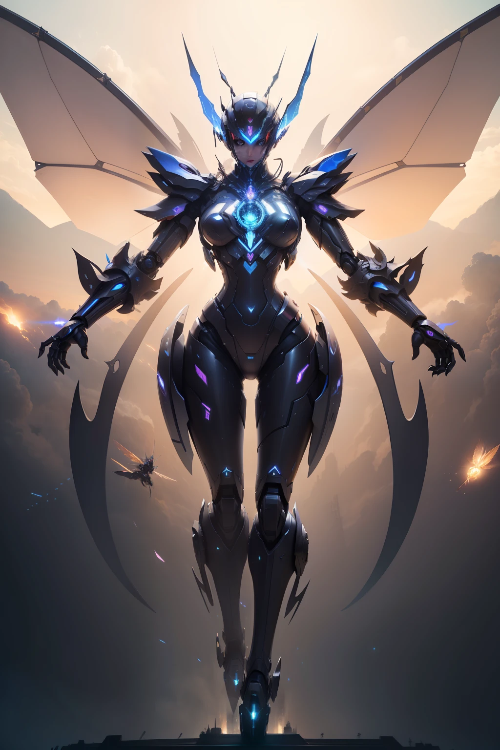 masterpiece、hight resolution、Fantastic、Servain、Aura Butler、Dynamic mechanical life forms、huge robot、spread wings on the back,、Take off high、Beautiful figure、Insectoid robot、big nails on hands、