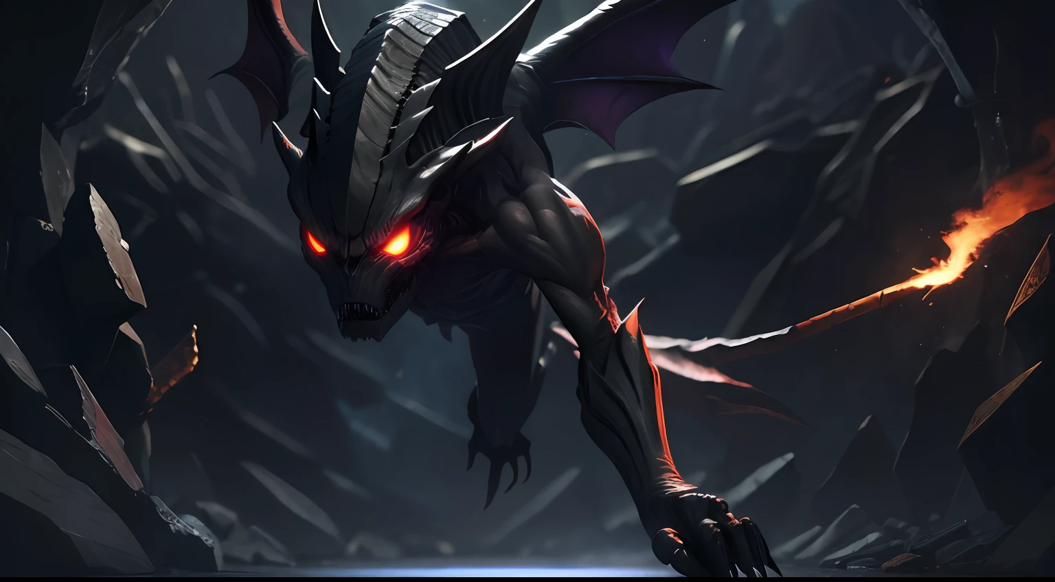 Generate an image of an 8-foot-tall humanoid creature，Obsidian black skin，There is a glowing red eye in the center of the face，A twisting mane of shadow tendrils，Long bones, limbs end with claws, hands and feet，Entangled in shadow smoke，As well as huge、Jagged、Bat-like metal wings spread out from its back，Black scaled demon monster